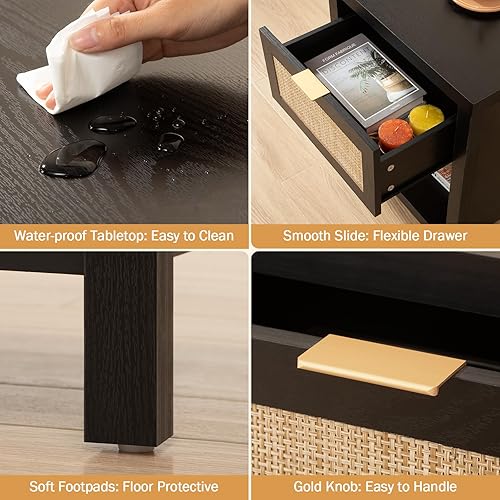 Miniatura 5 de SICOTAS Juego de 2 mesitas de noche de ratán, mesita de noche de granja con cajón y estante de almacenamiento, mesa auxiliar bohemia para