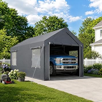10x20 ft Carport, Heavy Duty Carport with Roll-up Windows, Portable Garage with Removable Sidewalls & Doors, Car Canopy with All-Season Tarp for Car, Truck, Boat, Motorcycle, Grey