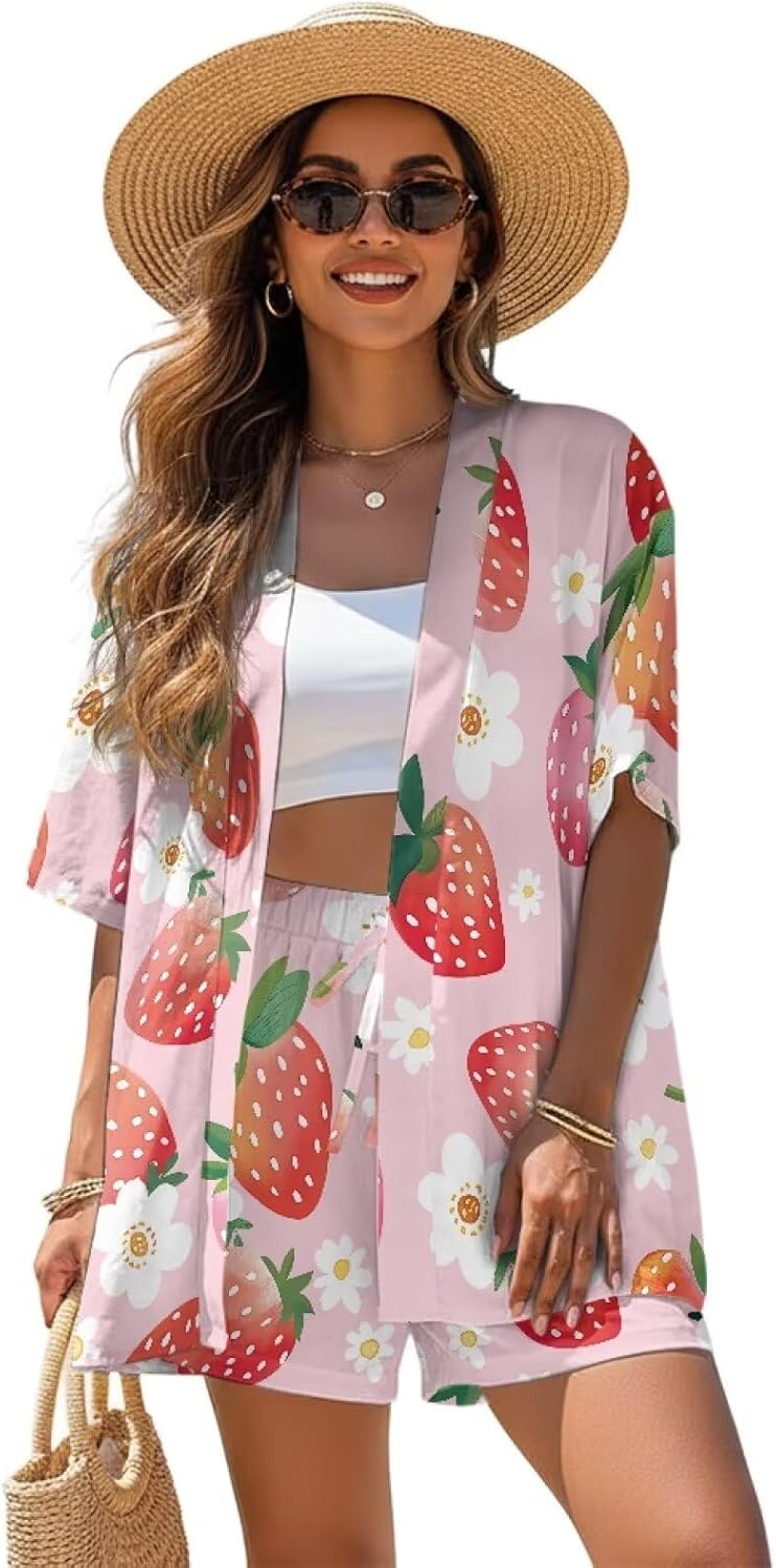 ZFRXIGN Summer Womens 2 Piece Outfits Vacation Kimono Cover up and Drawstring Shorts Set Loose Outfits S-XL