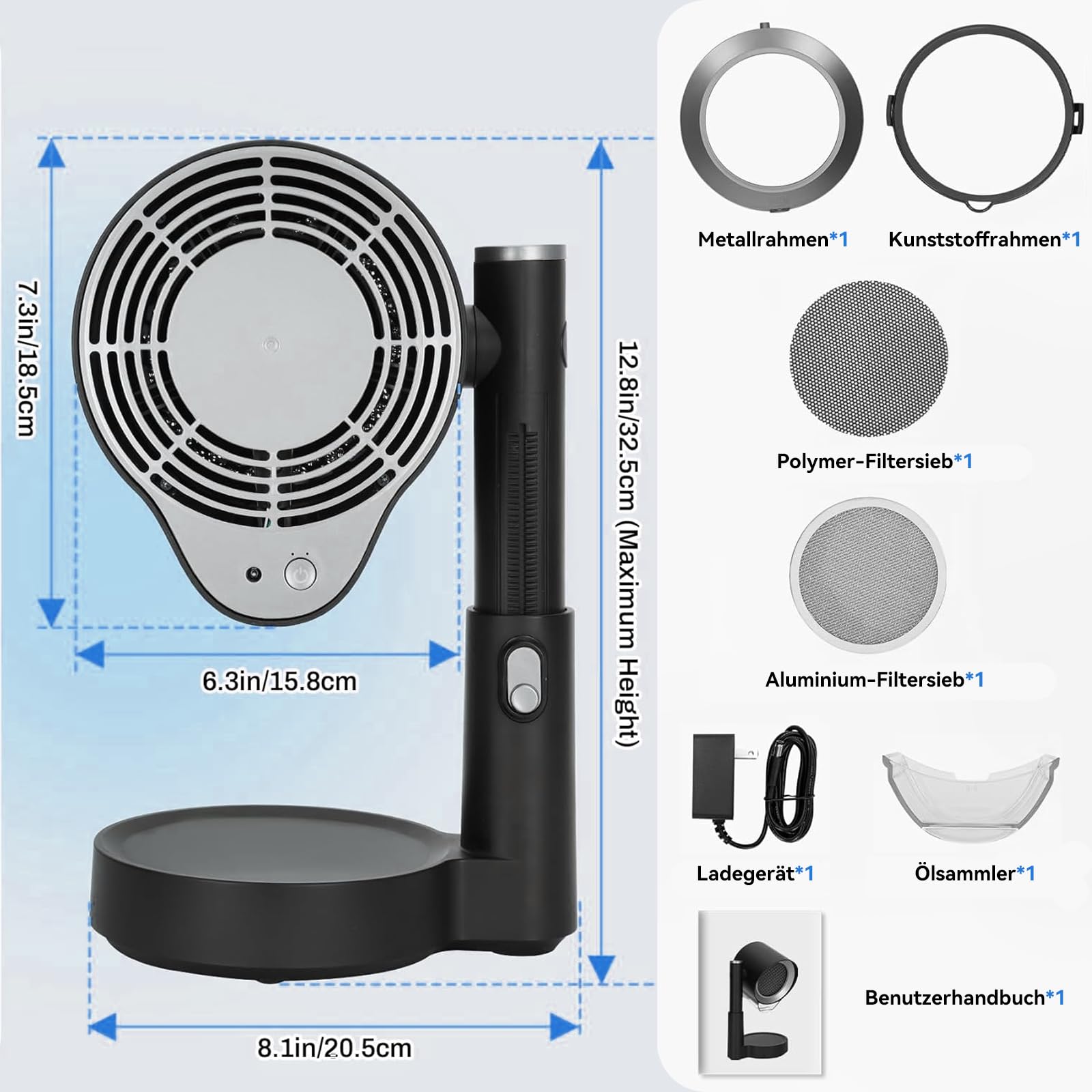 Mobile Dunstabzugshaube ohne Installation, tragbare Mini Abzugshaube mit Ölsammelbox, teleskopisch & 90° neigbar 3-stufig leise, waschbarer wiederverwendbarer Doppelfilter für Küche Wohnung RV Camping