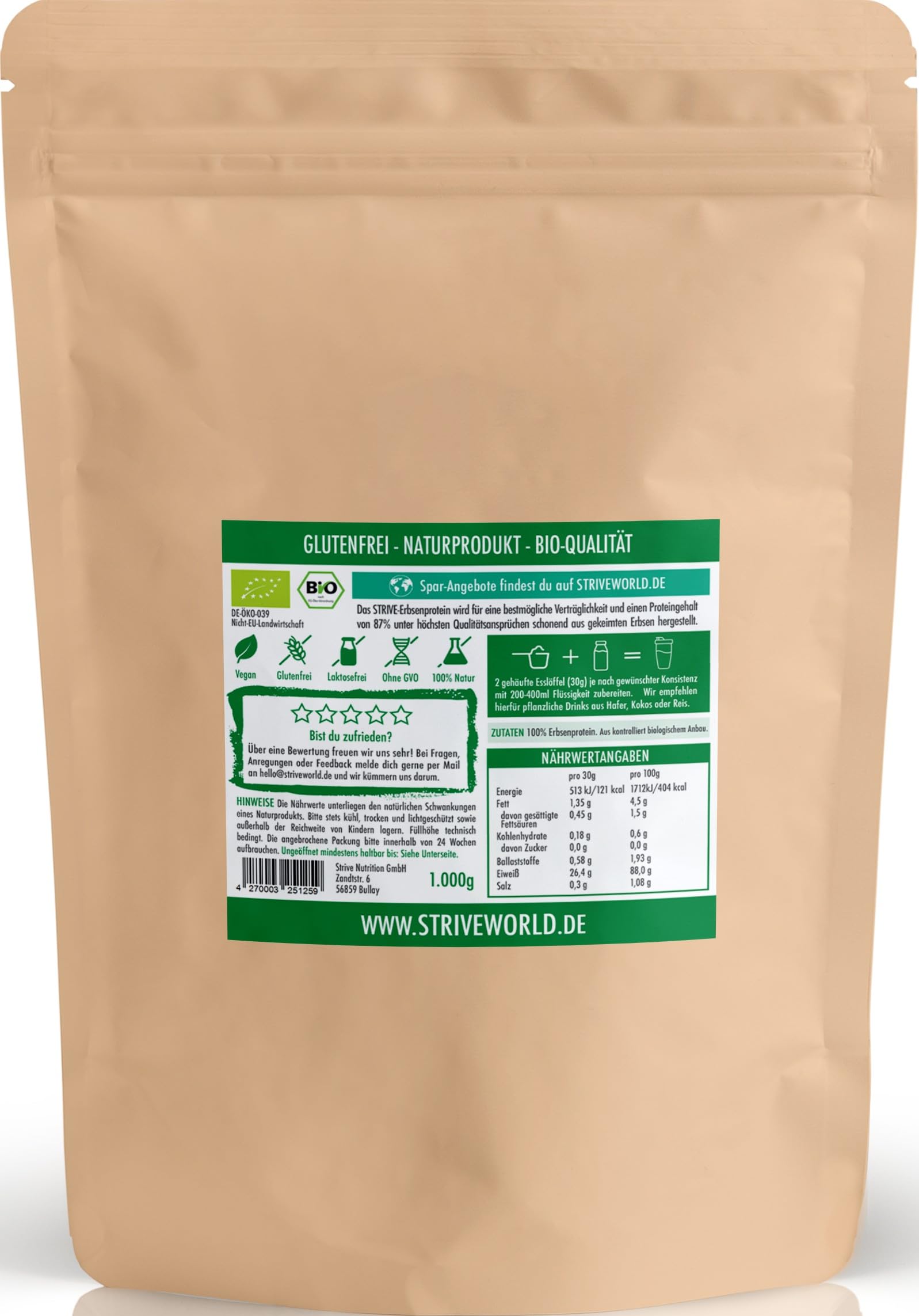 STRIVE Erbsenprotein 100% BIO Vegan | Fermentiertes Premium Erbsenprotein Isolat | Cremig, gut löslich, neutral | 1 kg Bio Eiweiß Pulver mit allen Aminosäuren | Geprüfte Qualität DE-ÖKO-039