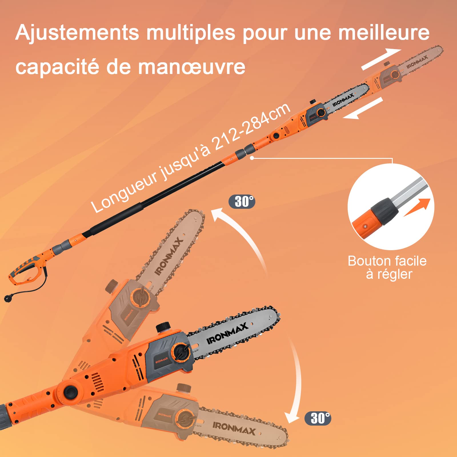 GOPLUS 750W Élagueuse sur Perche Télescopique Électrique,Scie d'Elagage,Perche Télescopique 212-286 cm,Vitesse 10,8 m/s avec Tête Pivotante, Tête de Coupe Réglable -30°-30°