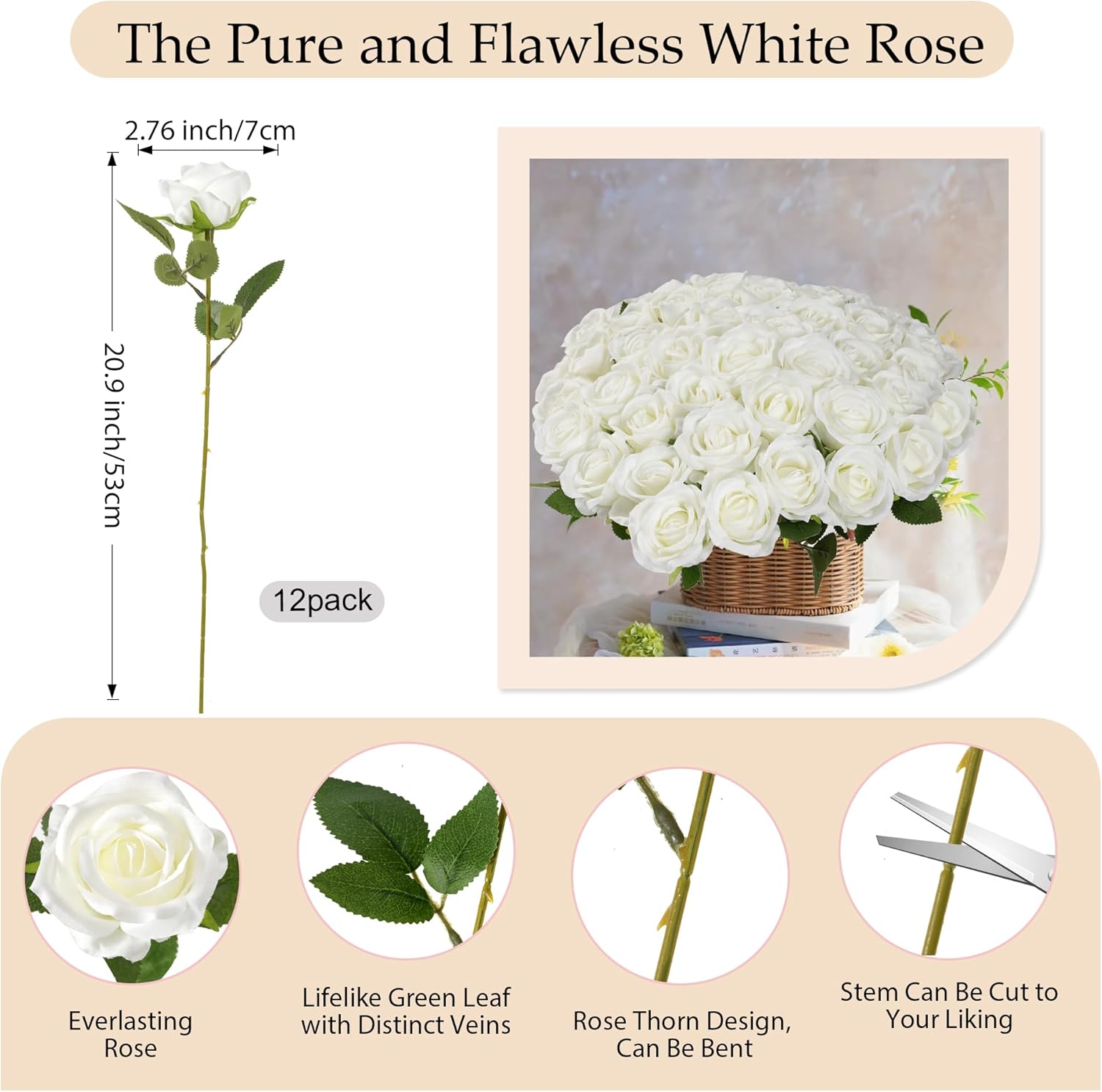 Fanfantoey 20Pcs Babys Breath Artificial Flowers Bulk, 12Pcs Fake White Roses Fake Flowers, DIY Wedding Flowers Bouquet, Realistic Faux Silk Flowers for Home Table Decor