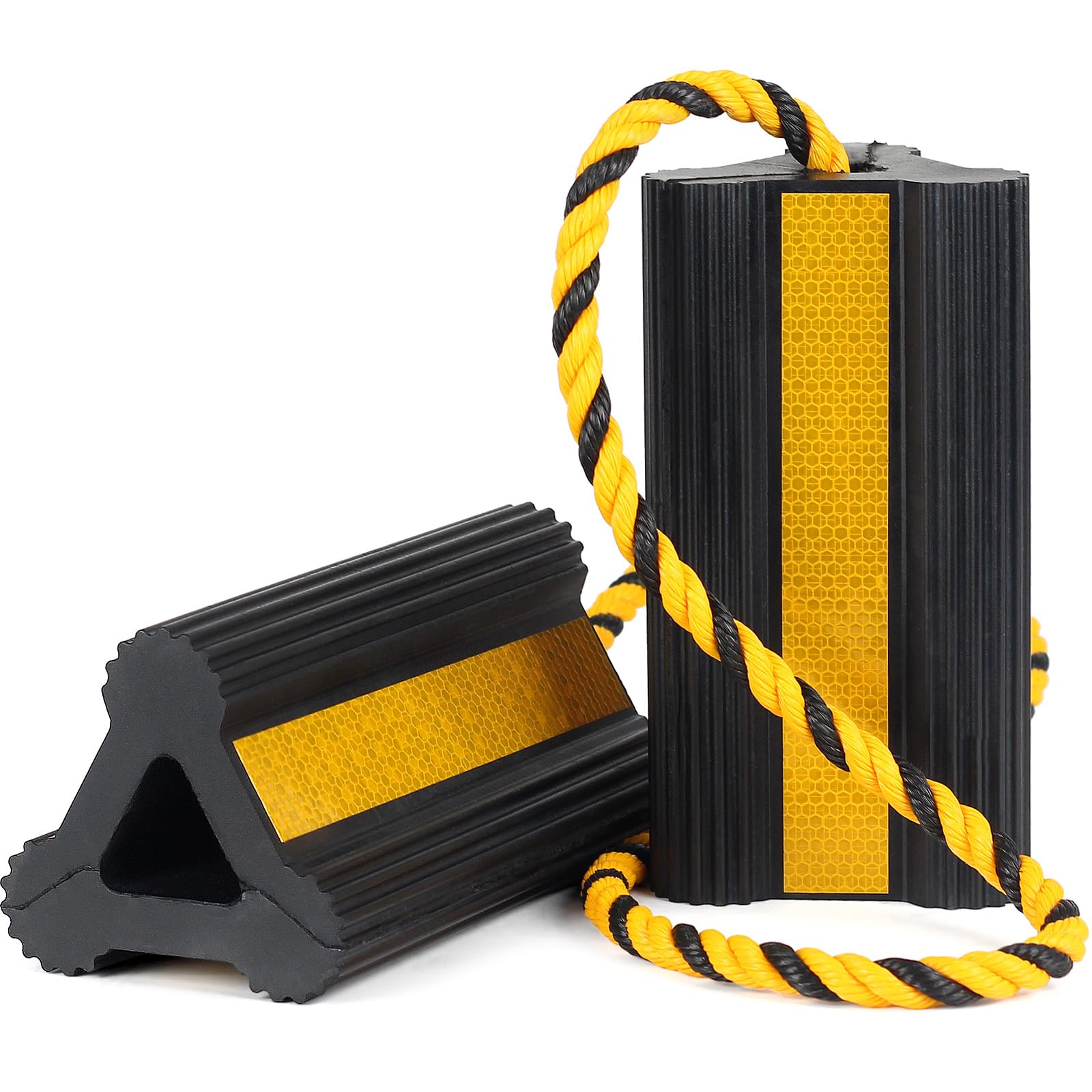 OULEME Heavy Duty Rubber Wheel Chocks, 1 Pair, Non-Slip Tire Stopper Blocks with Rope, for RV Camper Travel Trailers Motorhome Aircraft Car Truck