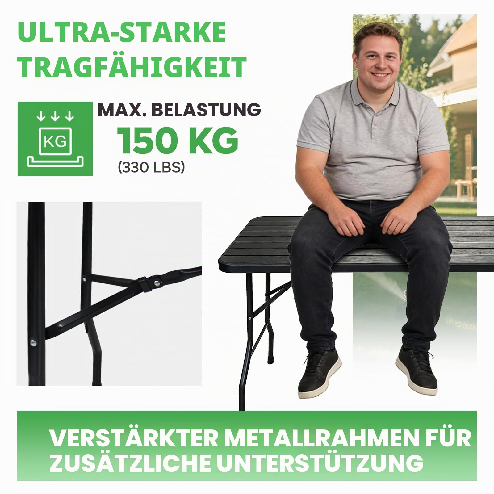 Klappbarer Gartentisch 180x74cm, Outdoor Campingtisch für 8 Personen, schwarz mit Holzoptik-Kunststoffplatte, Metallrahmen, belastbar 150kg, 3 Sicherheitsverschlüsse, Buffetstisch für Garten, Balkon