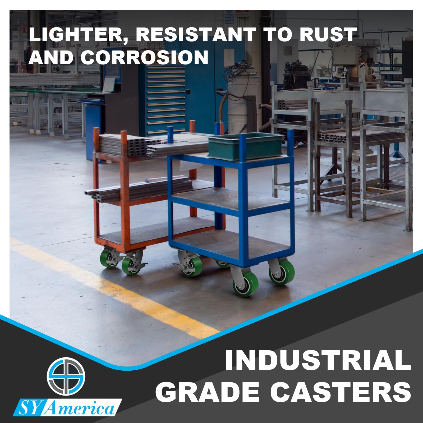 SY America 5x2 Inch Heavy Duty Casters | Polyurethane On Aluminum Wheels, 1100 LB Capacity Each, Top Plate 4x4.5 Inches, Non-Marking