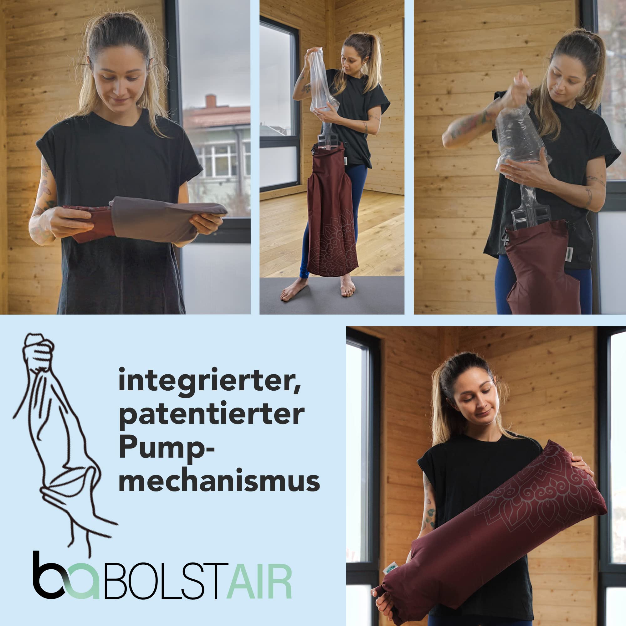 BOLSTair® Aufblasbares Yogabolster Meditationskissen Reisekissen aus nachhaltigen Materialien in Deutschland hergestellt mit patentiertem Pumpmechanismus