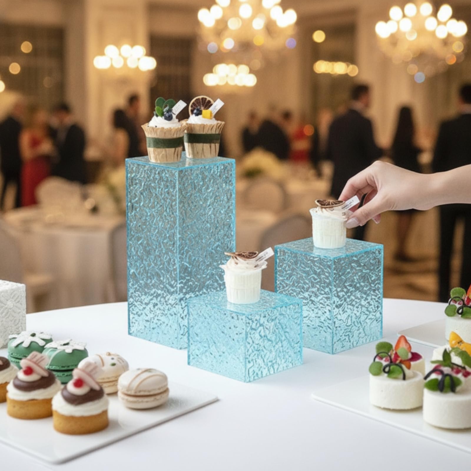 Acryl Präsentationsständer Kuchenständer Dessertständer Tortenständer mit Lichtfangender Textur für Aufwertung von, Blau, DREI-teiliges Set