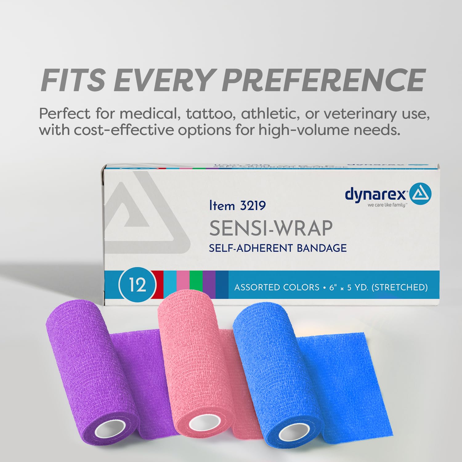 Dynarex Sensi-Wrap Self-Adhesive Bandages, 12-Pack, 6" x 5 Yards, Assorted Colors, Latex-Free, Colored Elastic Cohesive Athletic Tape, Tattoo Grip & Vet Wrap