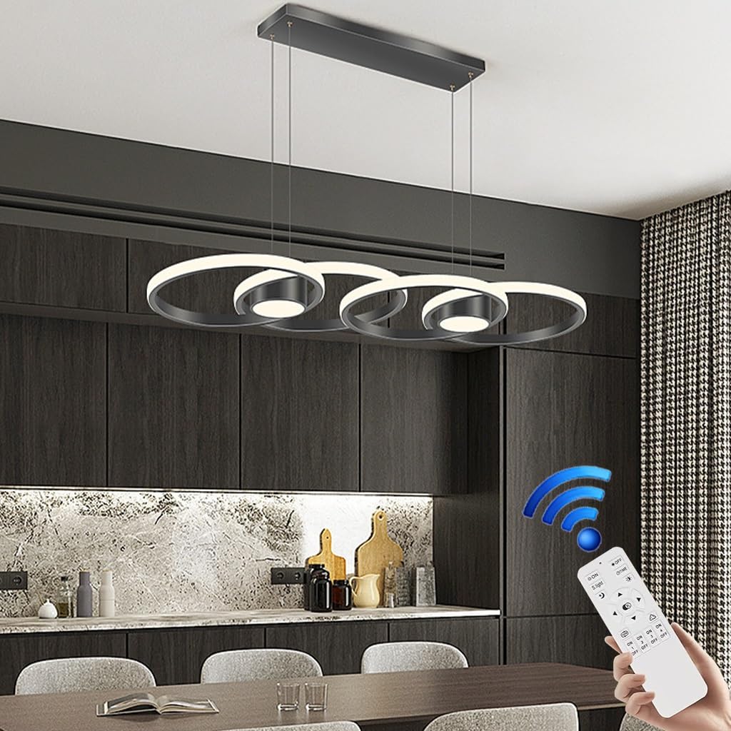 Suspension LED Plafond Moderne Lampe Suspendue En Aluminium Hauteur Réglable 80W Lustre Restaurant Luminaire Dessus De Table Avec Télécommande Gradation Convient Pour Salon Îlot De Cuisine(Blac
