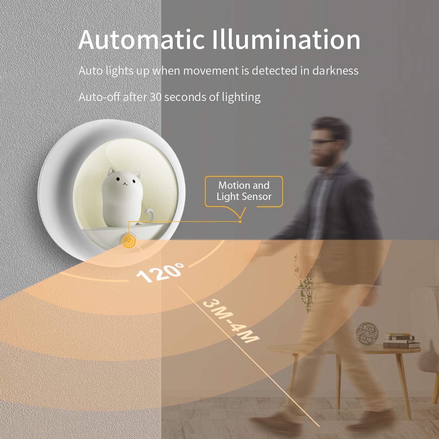 HAPTIME Motion Sensor Night Light with Built-in Rechargeable Battery for Wall Closet Bedroom Bathroom Nursery Kitchen Hallway Stairs, Natural White LED with 2 Brightness Levels, Stick-Anywhere, 2-Pack
