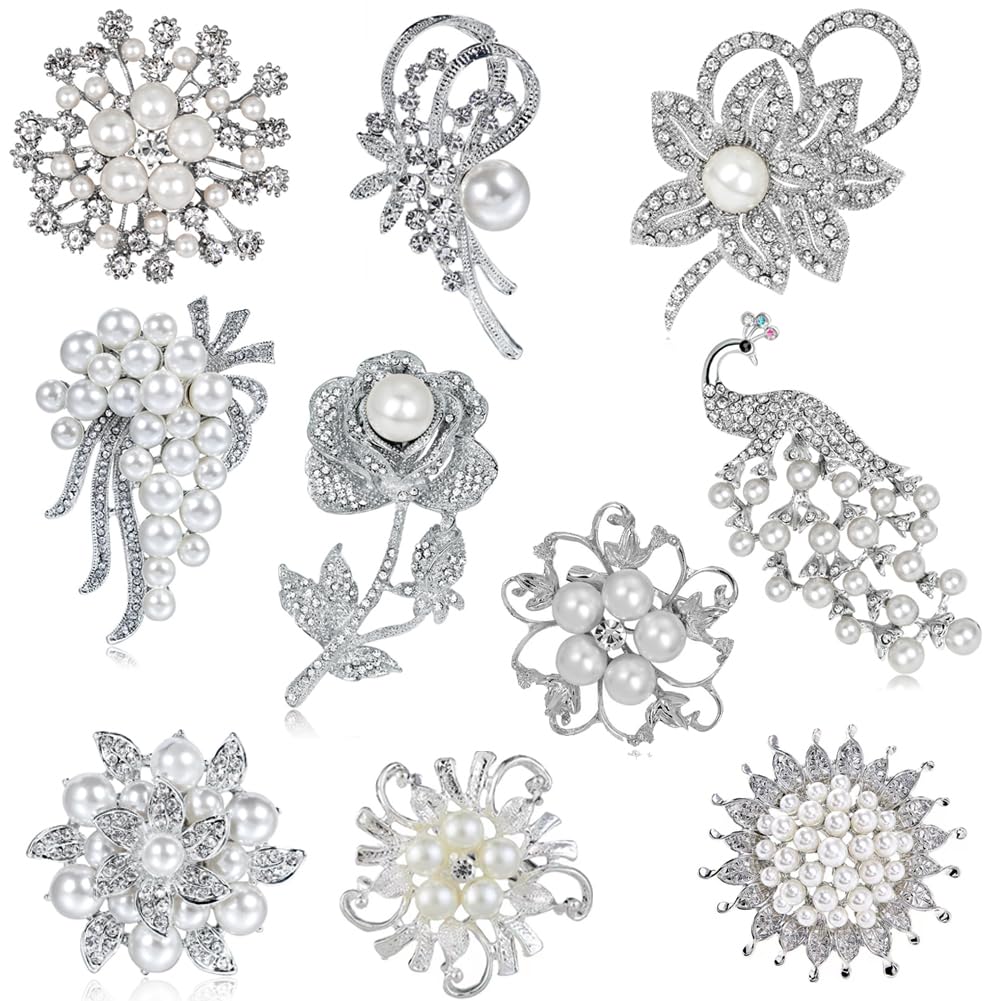 10 Stück Perlen-Blumenknöpfe Vintage Perlen Brosche große Perle Kristall Hochzeit Bouquet Kit Set Abdeckungen Verzierungen für Frauen DIY Kleidung Taschen Schuhe Dekoration, Small, Legierter Stahl,