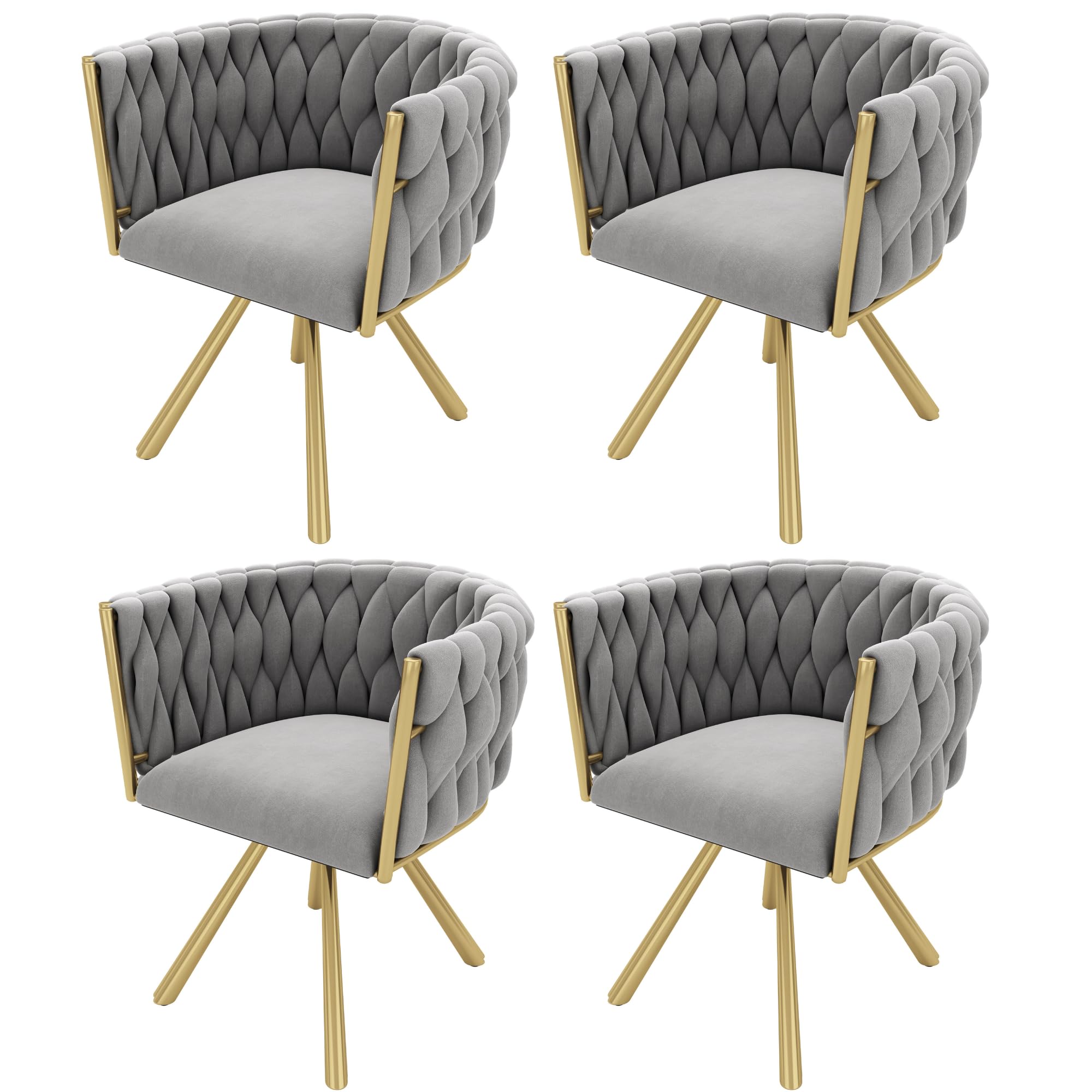 Merax Drehstuhl 4er Set, Moderne Armlehnstuhl aus Samt, Esszimmerstuhl Drehbar mit Metallbeinen, für Esszimmer, Wohnzimmer, Schlafzimmer, Grau und Gold