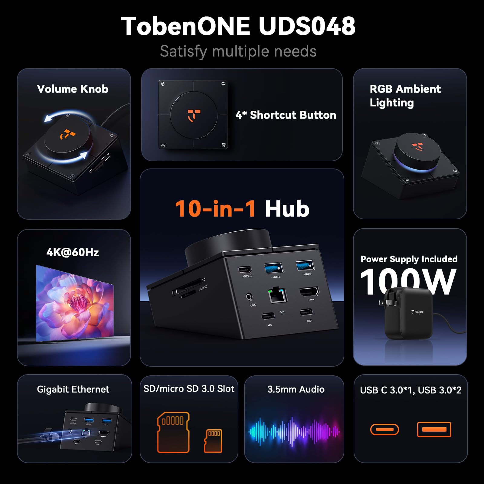 TobenONE Hub USB C 10 w 1 z klawiszami skrótów, pokrętłem głośności, HDMI 4K | 100 W PD, 3 USB, Ethernet, Audio, SD/microSD, stacja dokująca do laptopa MacBook, Windows, Chrome, iPad