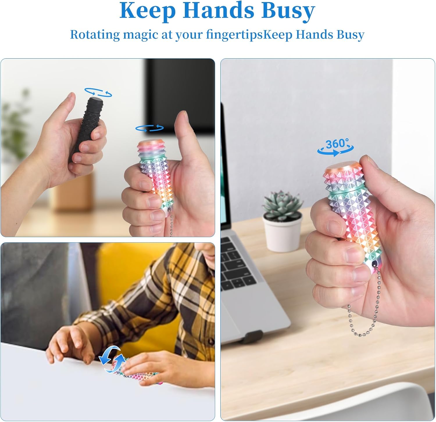 Little Ouchies Pain Stim Fidget Toy, 3D Printed Pocket Spiky Keychain with Clicker Button Spinner Sensory Toys for Anxiety Focus & Stress Reduction Novelty Gifts(Rotate Rainbow)