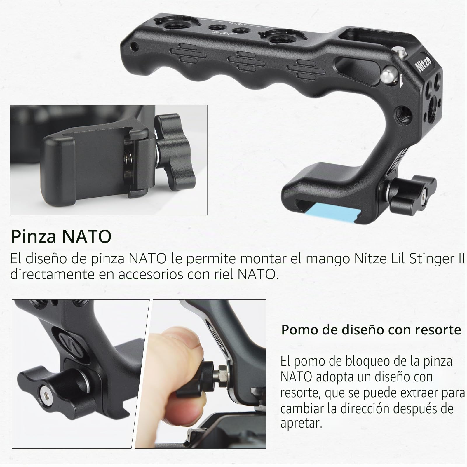 Nitze NATO Top Handle, Mini Top Handle Mango con NATO Clamp, Mango Superior para Jaula de Cámara, DSLR Cámaras (Lil Stinger II) -PA28M-D1