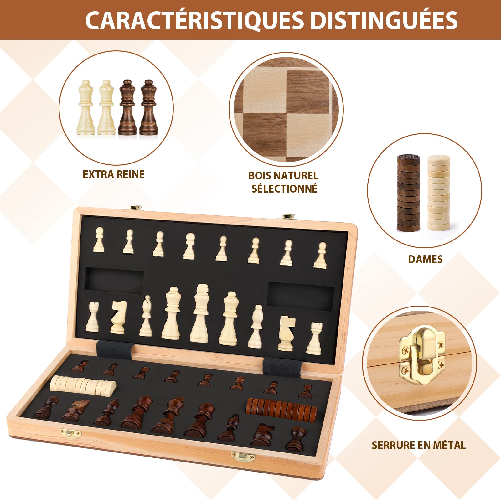 Peradix Jeu d'échecs et Dames 2 en 1 Echiquier en Bois Magnétiques, avec Double Dames, Pour Voyage Pliables, Jouets et Cadeaux de Jeux Éducatifs pour Adultes et Enfants (38 X 38CM)