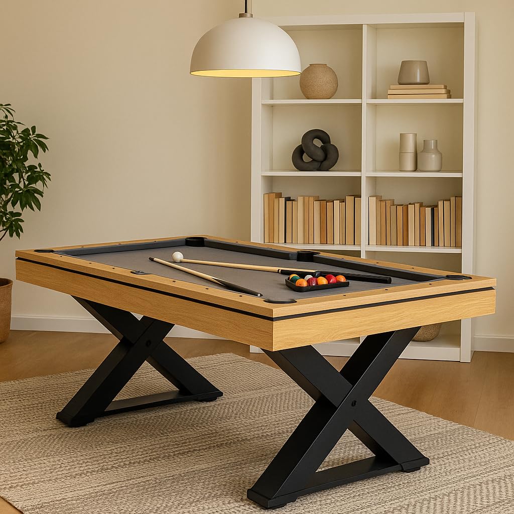 CONCEPT USINE | Table Multi-Jeux 3 en 1 Billard et Ping-Pong Texas + Accessoires | Design Moderne Bois Naturel | Table de Jeu ou Repas Salle à Manger | Matériaux de Qualité | en Famille ou Entre Amis