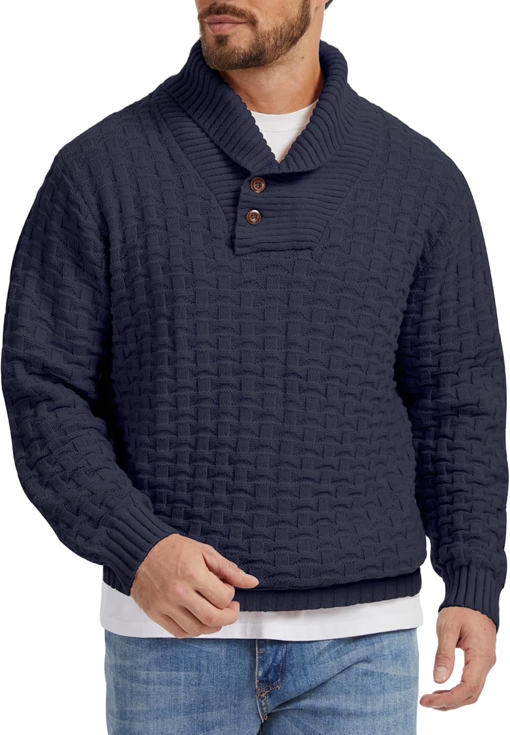 Mens Fisherman Sweater, Button Turtleneck Shawl Collar Waffle Knit Pullover for Win...
