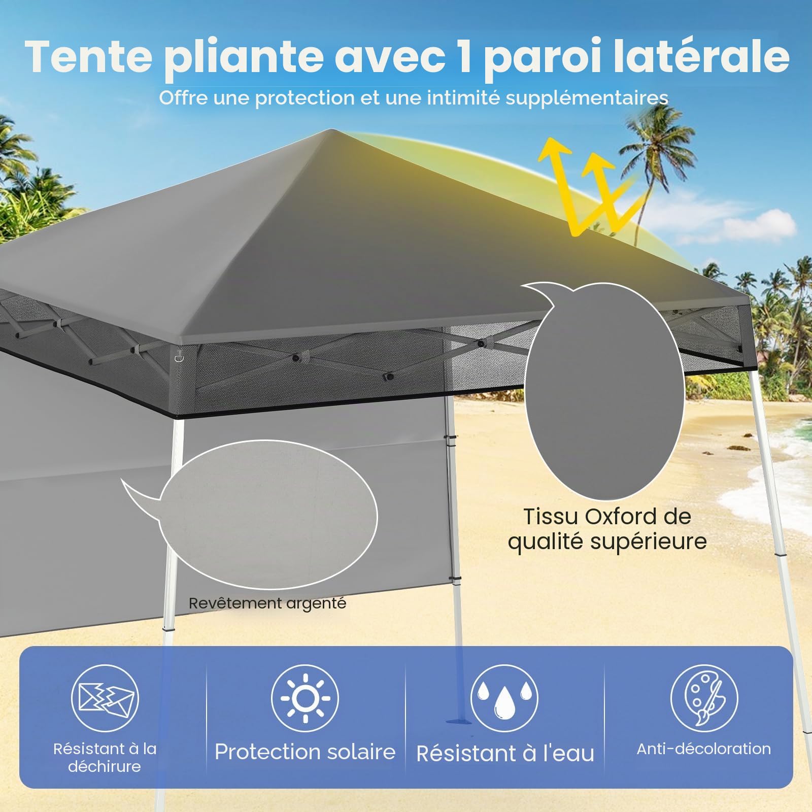 FANTASK Tente de réception - Tente de Jardin réglable en Hauteur avec paroi latérale et Crochet de Sol - Imperméable et Protection Solaire - 2 x 2 m - Pop up - avec Sac - pour Jardin et fête - Gris