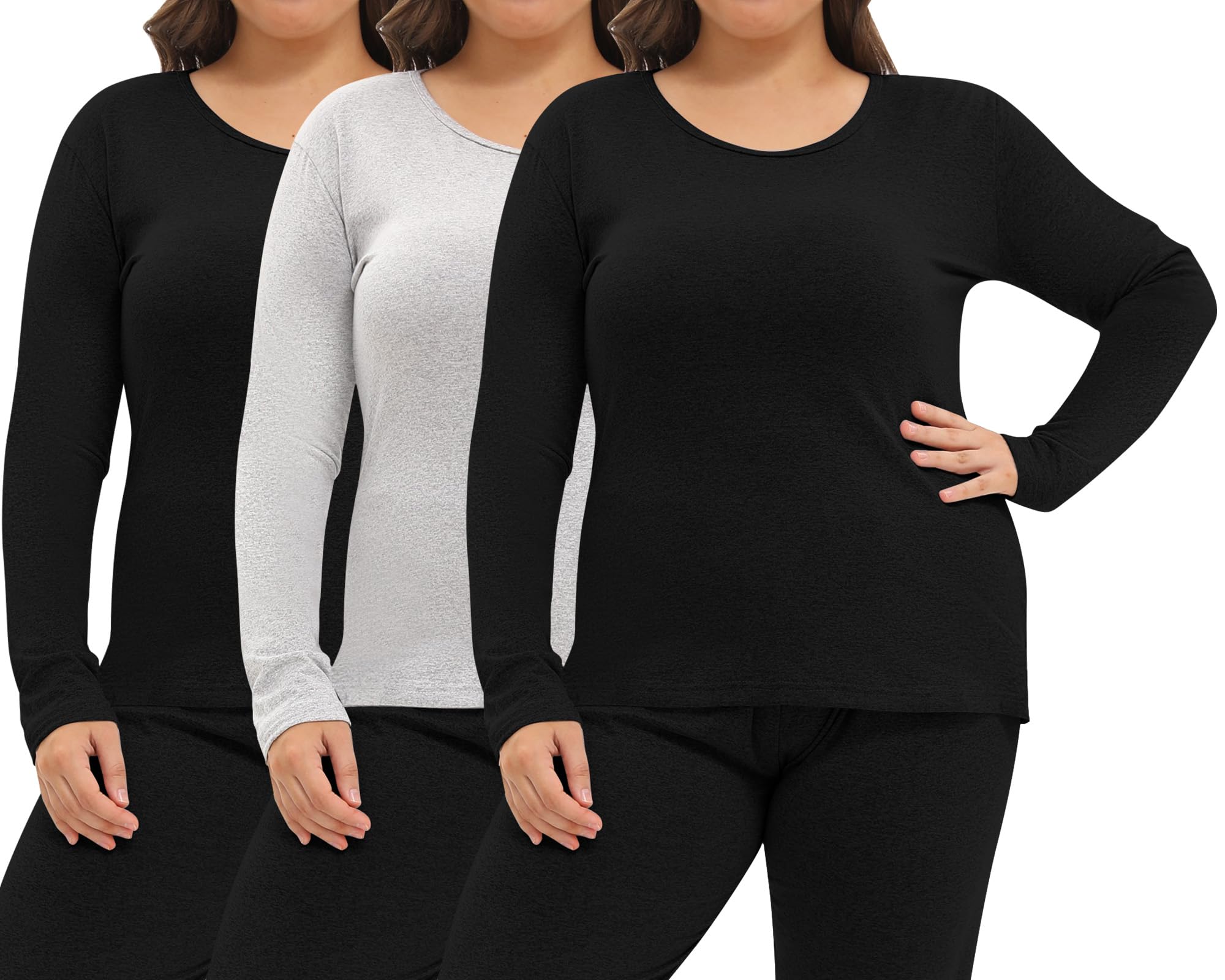 Patelai 3 Pack Women Plus Size Long Sleeve Thermal Shirts Undershirt Fleece Lined Underwear Top Women Crew Neck Base Layer