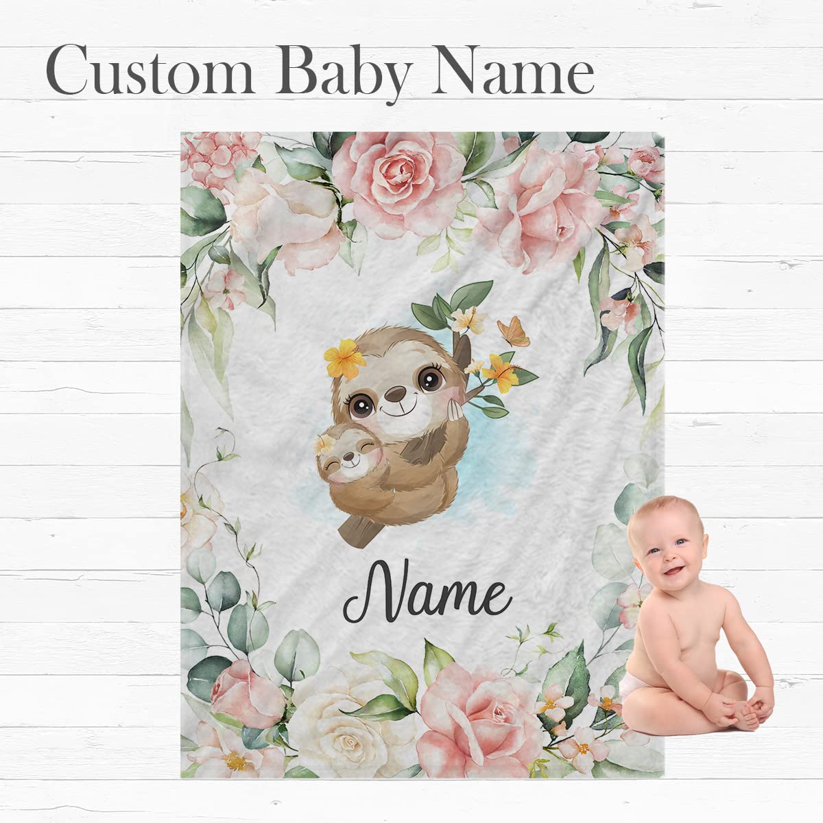 Personalized Sherpa Baby Blanket - Floral Fox Deer Bear Design, Custom Name, Soft Newborn Gift, 30x40 Inches