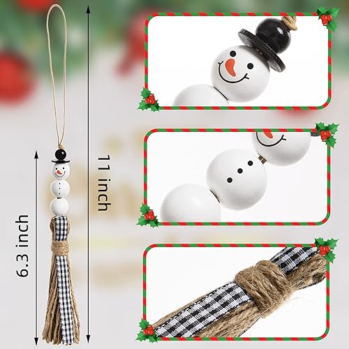 Miniatura 2 de ARCHCRTC Adorno colgante de cuentas de madera de muñeco de nieve, guirnalda de cuentas de muñeco de nieve de Navidad con borla a cuadros para