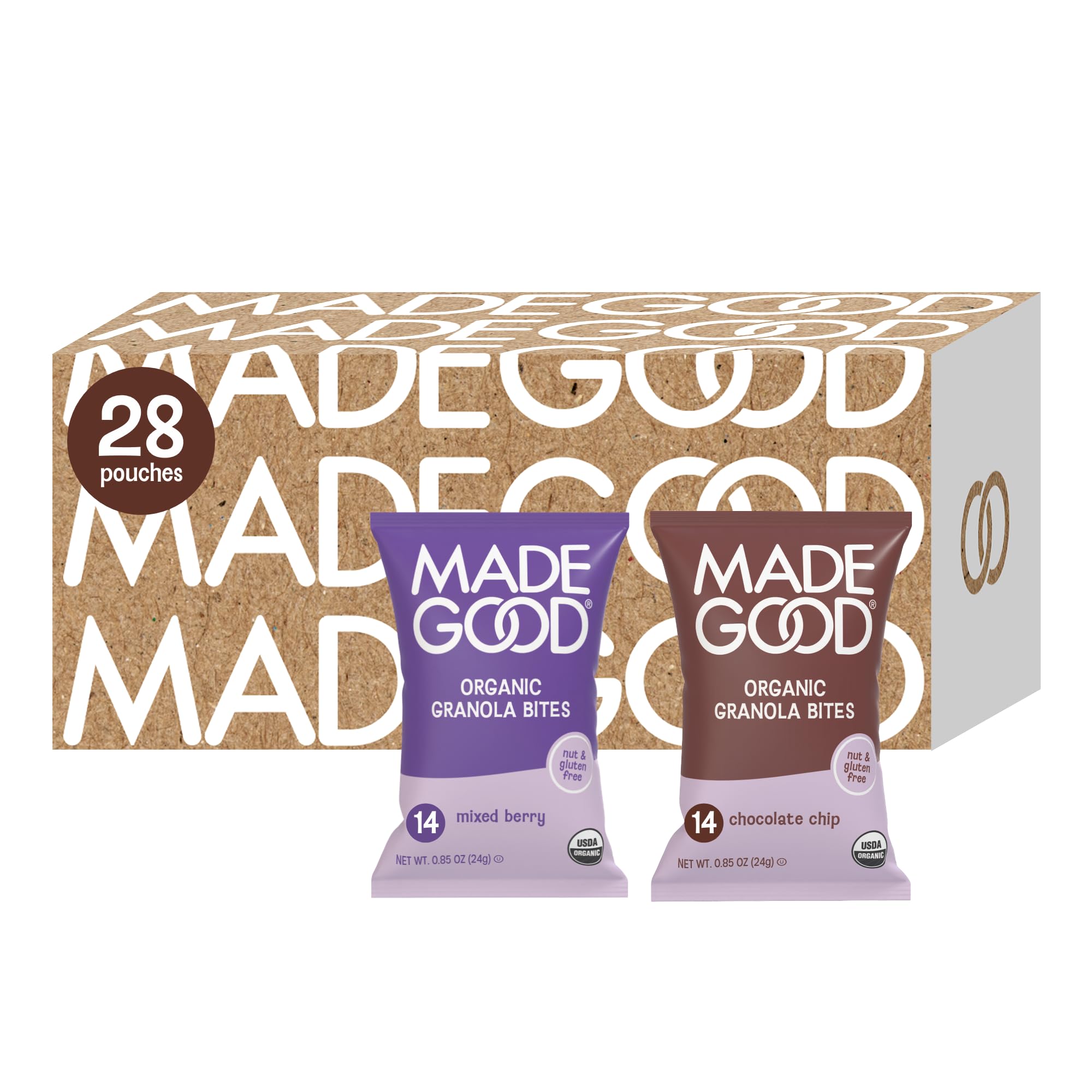 Made Good Granola Minis, Bite-Size Organic, Vegan, Gluten-Free, and Nut-Free Snack Clusters, 28-Bags, Chocolate Chip / Mixed Berry)