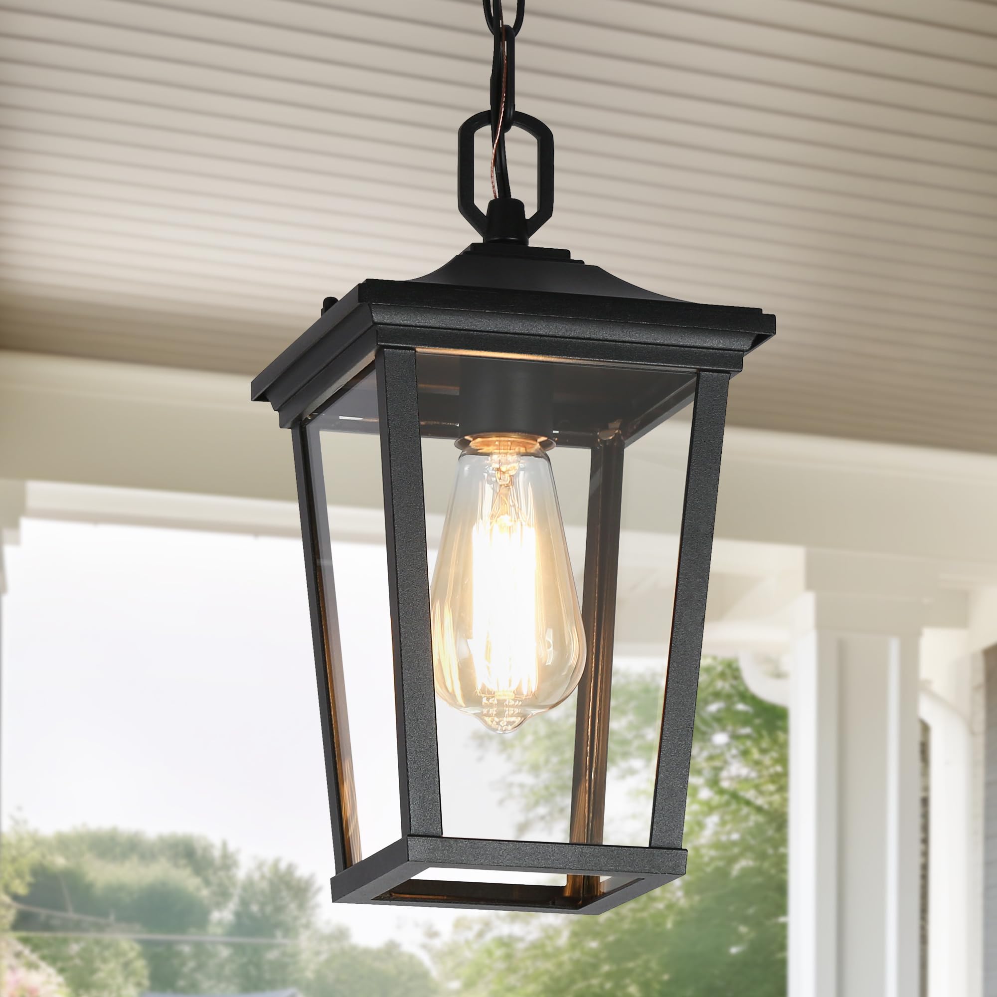 Photo 1 of LOG BARN Outdoor Pendant Light Fixture, Farmhouse Exterior Lights, Anti-Rust Ceiling Outdoor Light with Clear Glass, Lantern Hanging Light for Front Door, Entry, Porch, and Gazebo