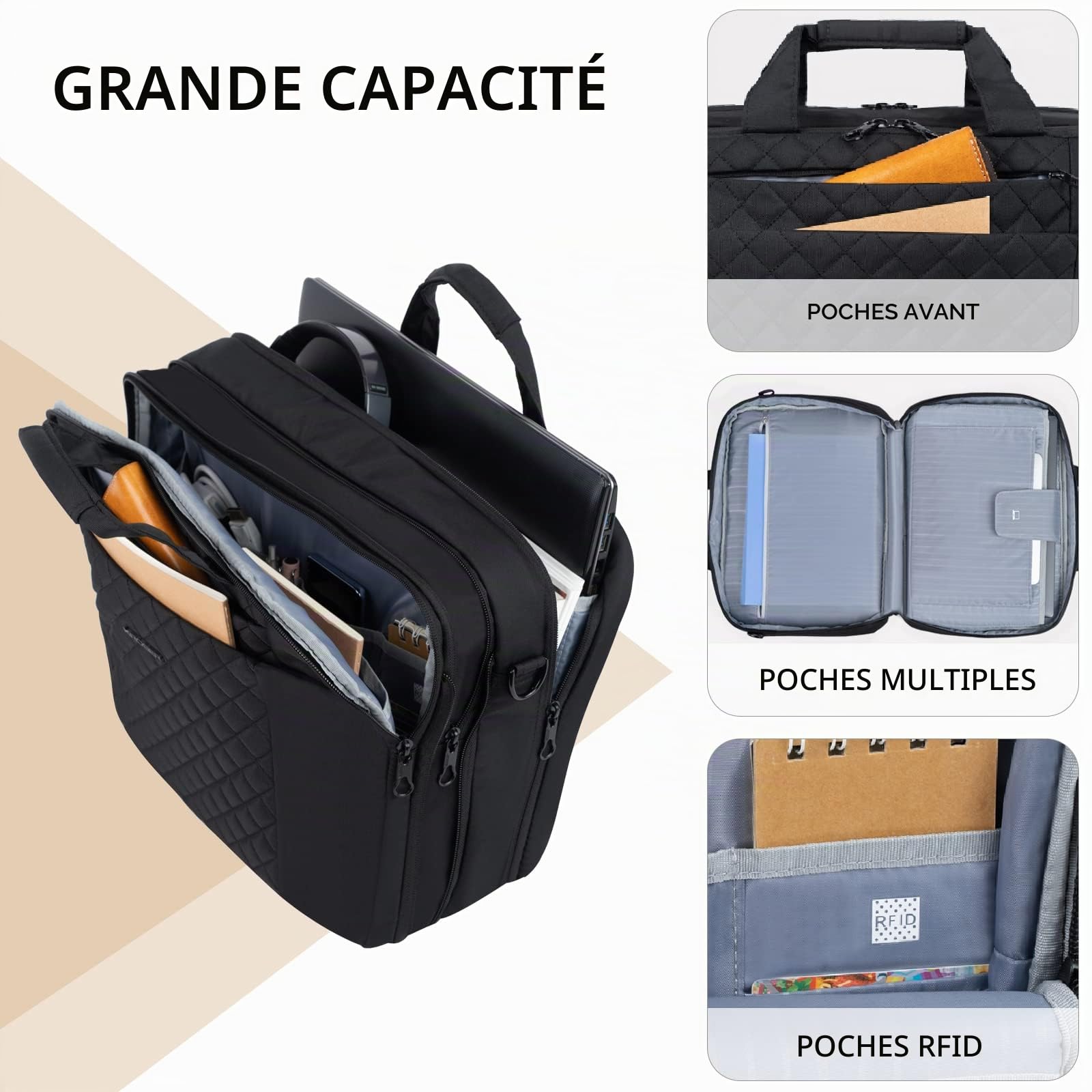 KROSER Sacoche pour ordinateur portable 17 Pouces, Sacoche PC compatible TSA extensible pour femme et homme, Sac d'ordinateur étanche avec poche RFID pour affaires/voyage/université