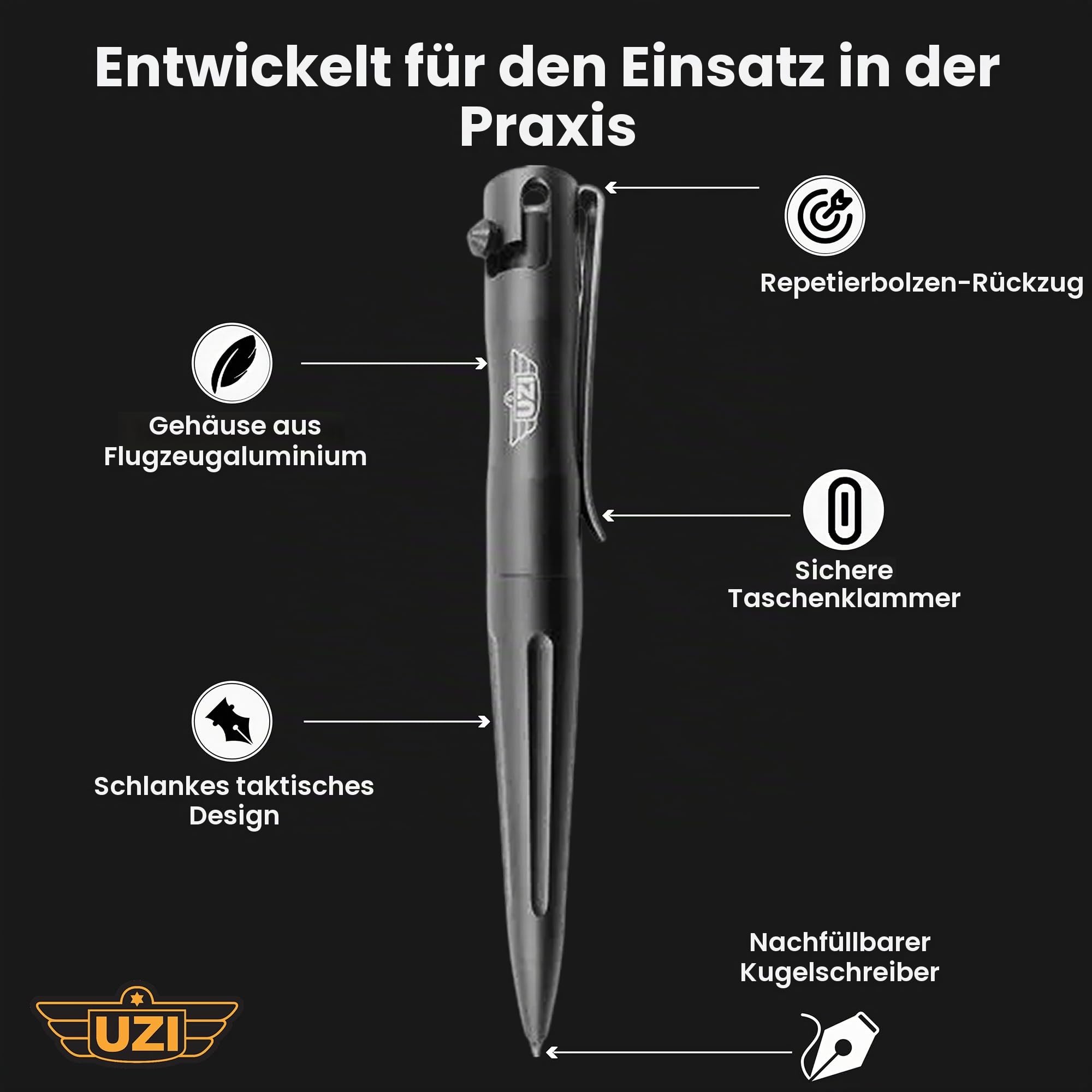UZI Tactical Pen UZI-TACPEN2-BK Flugzeug Aluminium Selbstverteidigung BestTactical Pen Multi-Tool Überlebens Defender Tool w/Glasbrecher, Real Kugelschreiber Miltary und Polizei EDC -schwarz