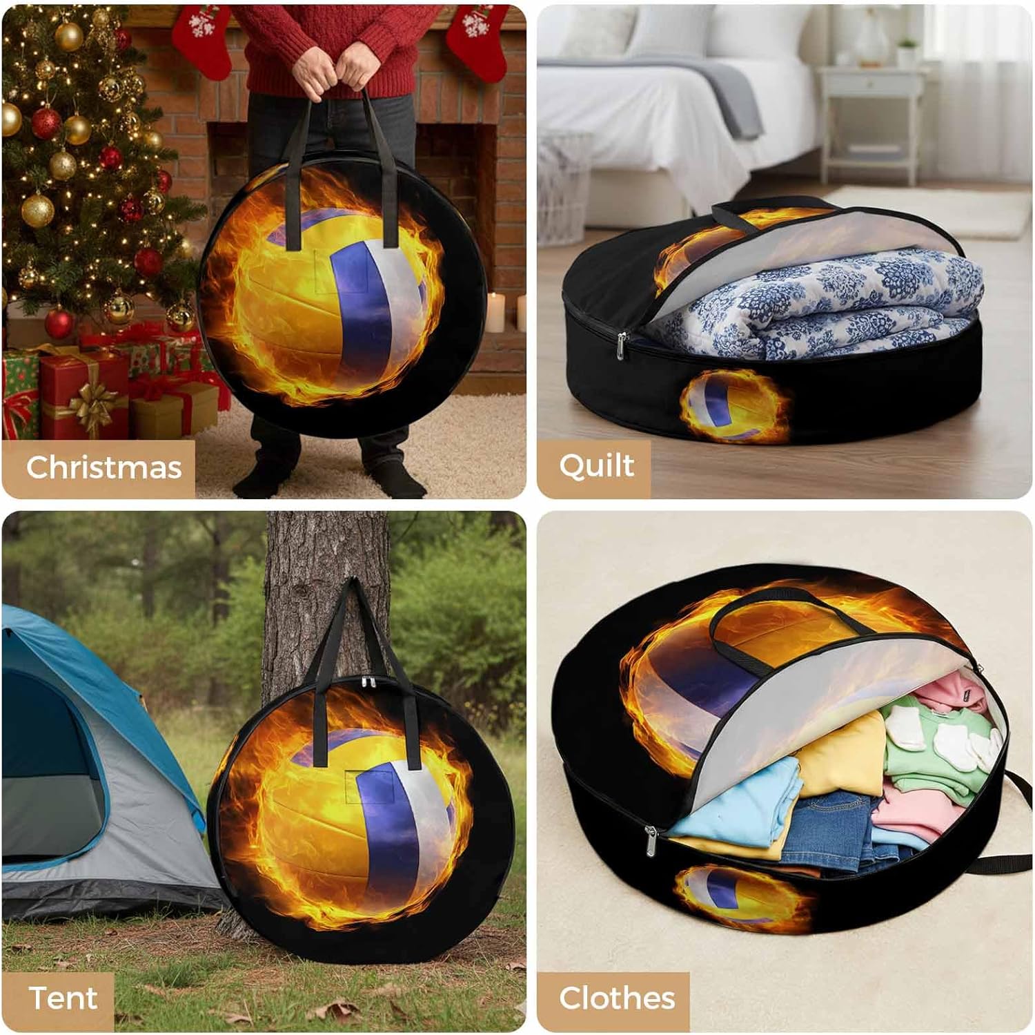 Storage Bag Flame Volleyball Round Storage Totes Bins Closet Organizers with Zippers & Handle Sports Black Clothes Storage Container for Bedroom Dorm Space Saving Packing Supplies Moving Bags