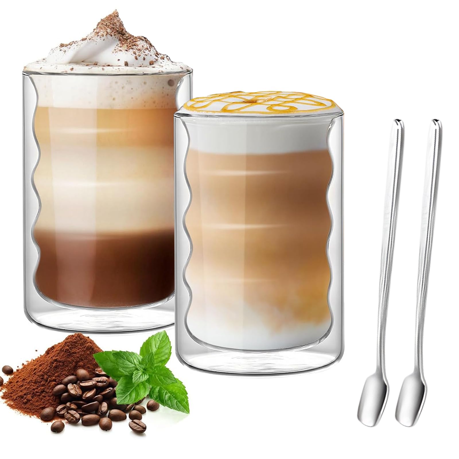 ZkateTrade Latte Macchiato Bubble Gläser, Doppelwandige Bubble Kaffeegläser mit Löffeln, cappuccino Thermogläser für Latte Macchiato, Tee, Milch, Bier