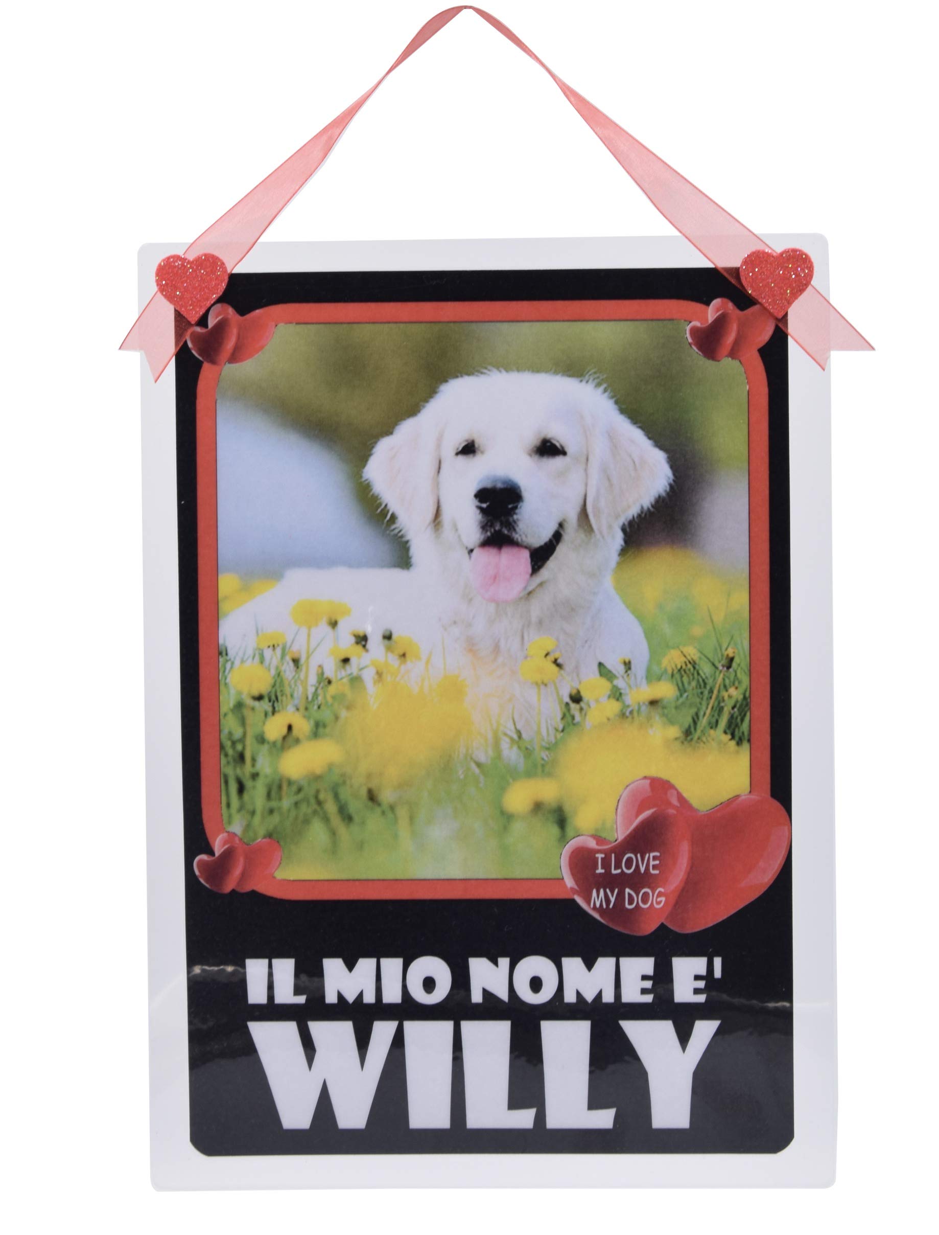 Cuadro con placa personalizable con la foto y el nombre de tu perro (marco negro con corazones) de plástico laminado de alto espesor (500 micras)
