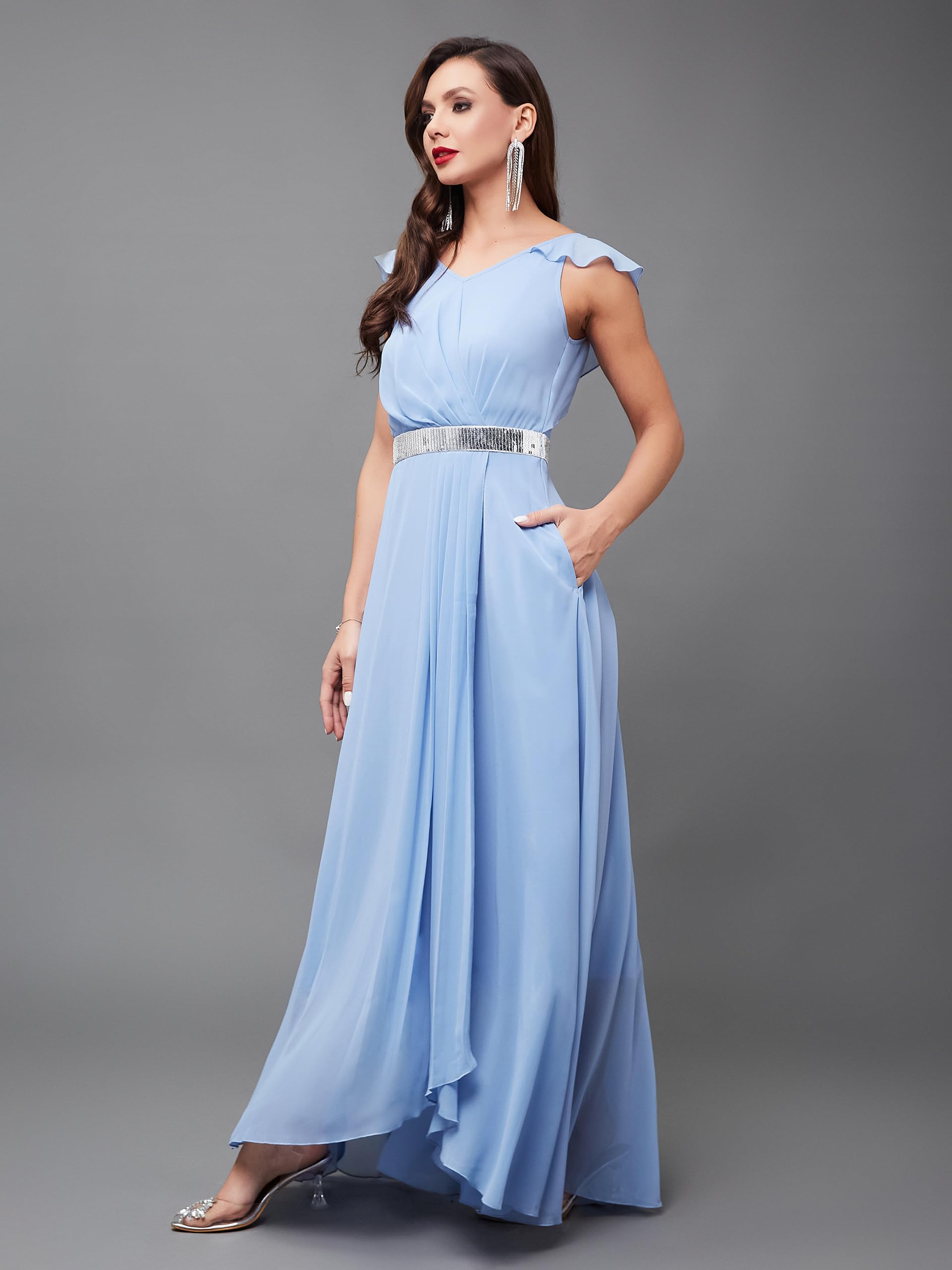 Miss Chase Women's V-Neck Ruffled Sleeve Solid Embellished Maxi Dress With Pockets (Mcss24D97-18-167-03, Powder Blue, S)