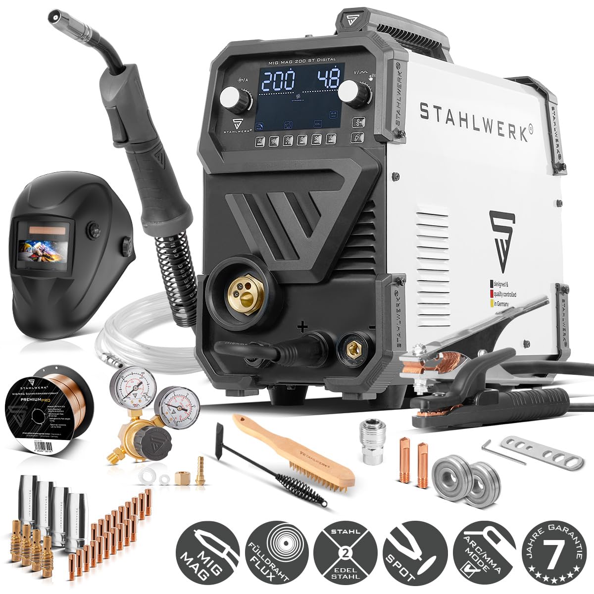 STAHLWERK Schutzgasschweißgerät MIG/MAG 200 ST Digital – Vollausstattung – Inverter mit 200A, MMA (E-Hand/ARC) FLUX (Fülldraht), Schweißen ohne Gas möglich, Spot-Funktion, synergischer Drahtvorschub