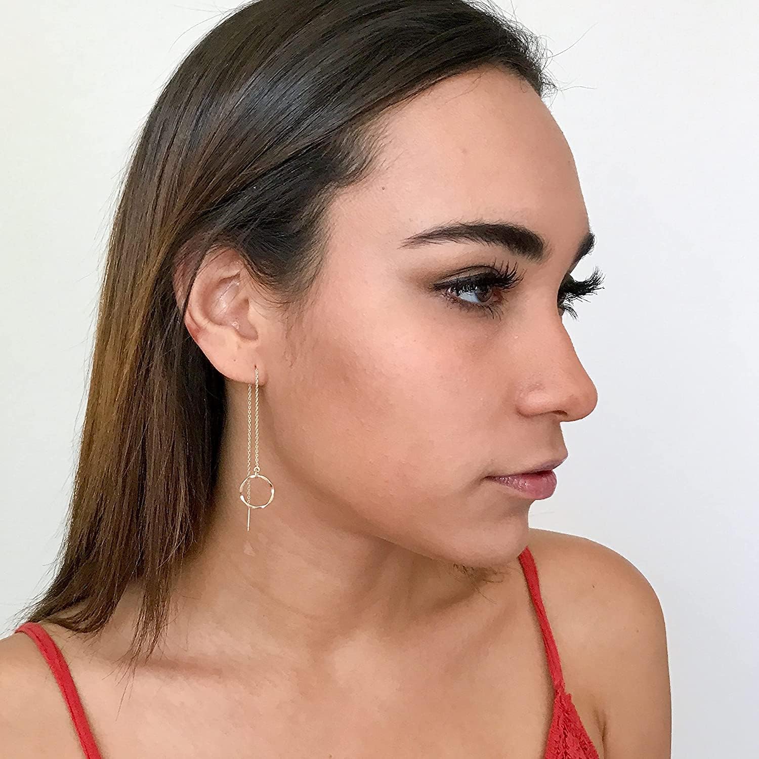 Long Chain Earrings - Threader Earrings for Women - Double Piercing Earrings - Hammered Circle