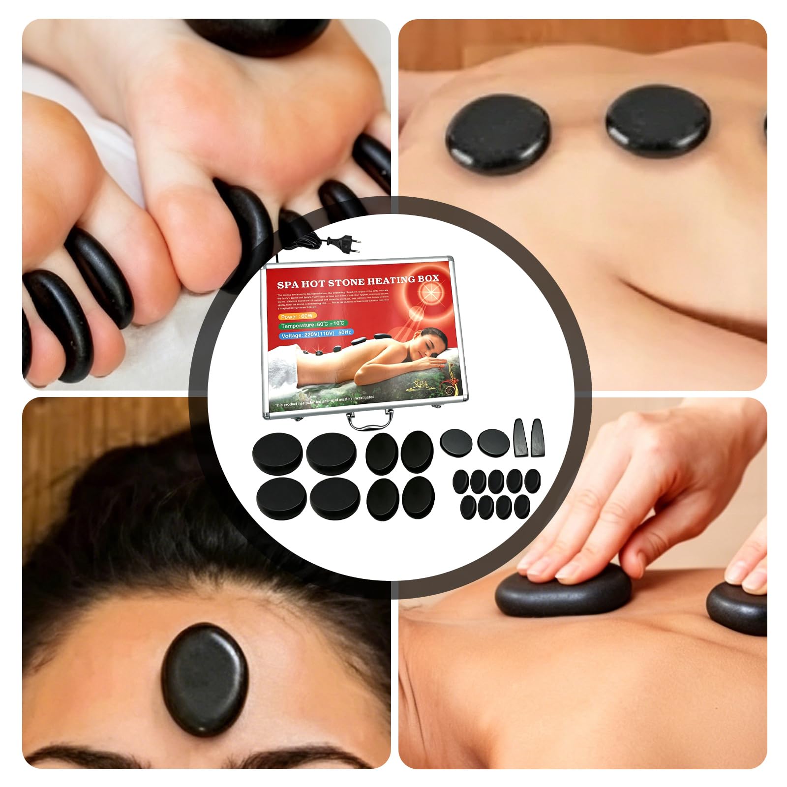 Hot Stone - Juego de 21 piedras de masaje de basalto en maletín térmico, portátil, piedras de masaje calientes de basalto, set de calentadores de piedras de masaje para terapia de masaje, relajación y