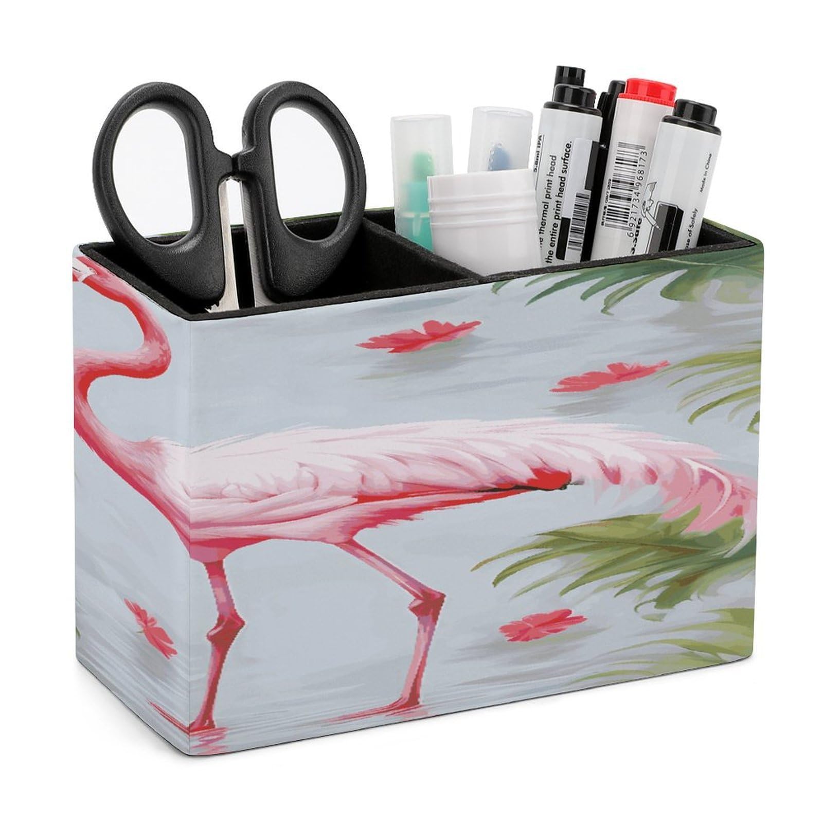 VstaDank White Flamingo Pencil Holder for Desk(Double Slots) Fashion Leather Pencil Cup Simple Rectangular Shape Pen Holder Multi-Functional Pen Cup for Home Office Supplies Storage