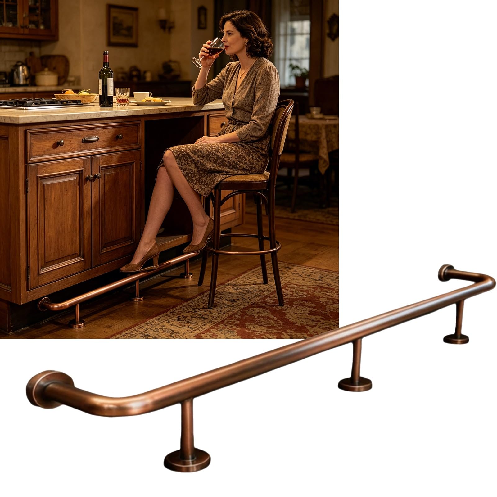 Barra Appoggio Piedi Staffe Per Poggiapiedi Con Barra In Ottone, Bracciolo Retrò In Acciaio Inossidabile Tubo Da 1,3 "OD, Completa Per Montaggio A Pavimento Per Cucina(3.8M/12.47FT)