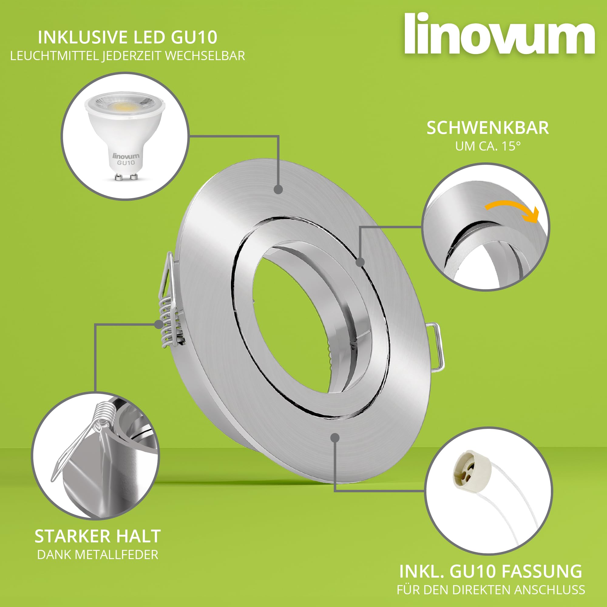 linovum 10x LED Decken Einbauleuchte rund schwenkbar Edelstahl Optik - inkl. 2W LED GU10 warmweiß - Einbaustrahler inkl. GU10 Fassung