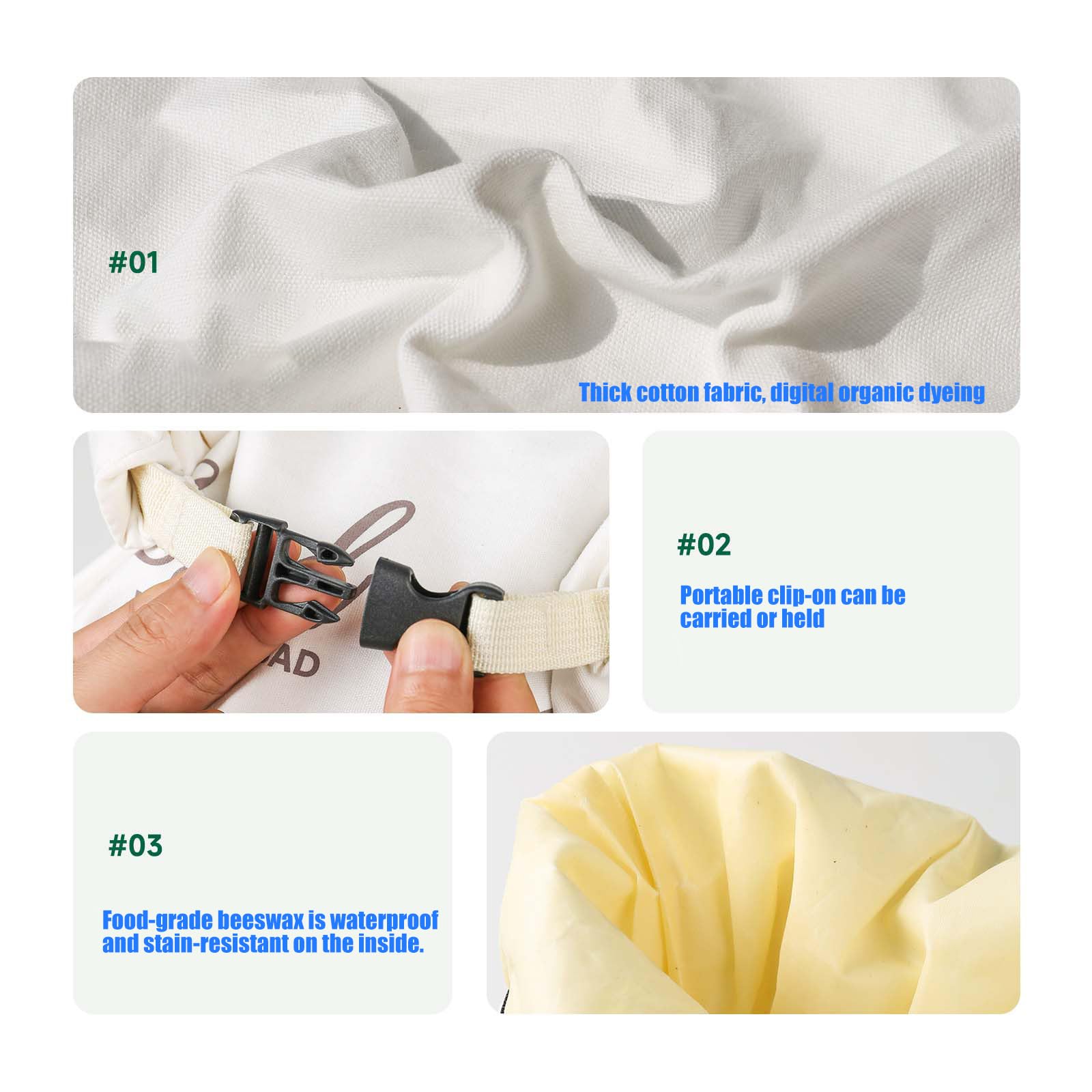 Borsa per alimenti in cotone biologico con fascia elastica e moschettone, essenziale per pane, formaggio, picnic, cibo