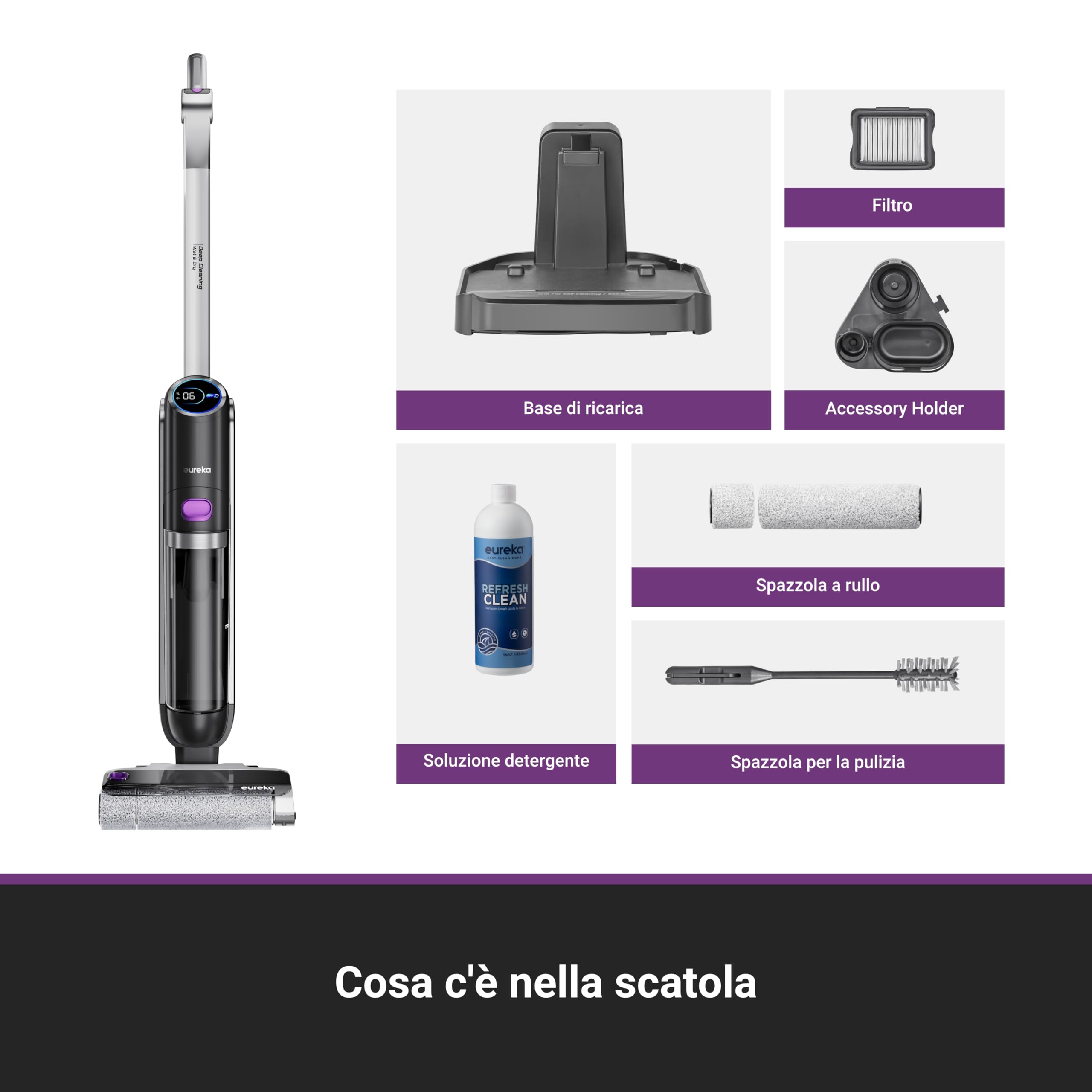 EUREKA RapidWash NEW630 Aspirapolvere/Lavapavimenti Secco/Umido,Inclinazione fino a 170°,Asciugatura ad Aria Calda 50°,21.600pa,Autonomia 38 min,Autopulizia/Anti-groviglio,Doppio Serbatoio,Display LED