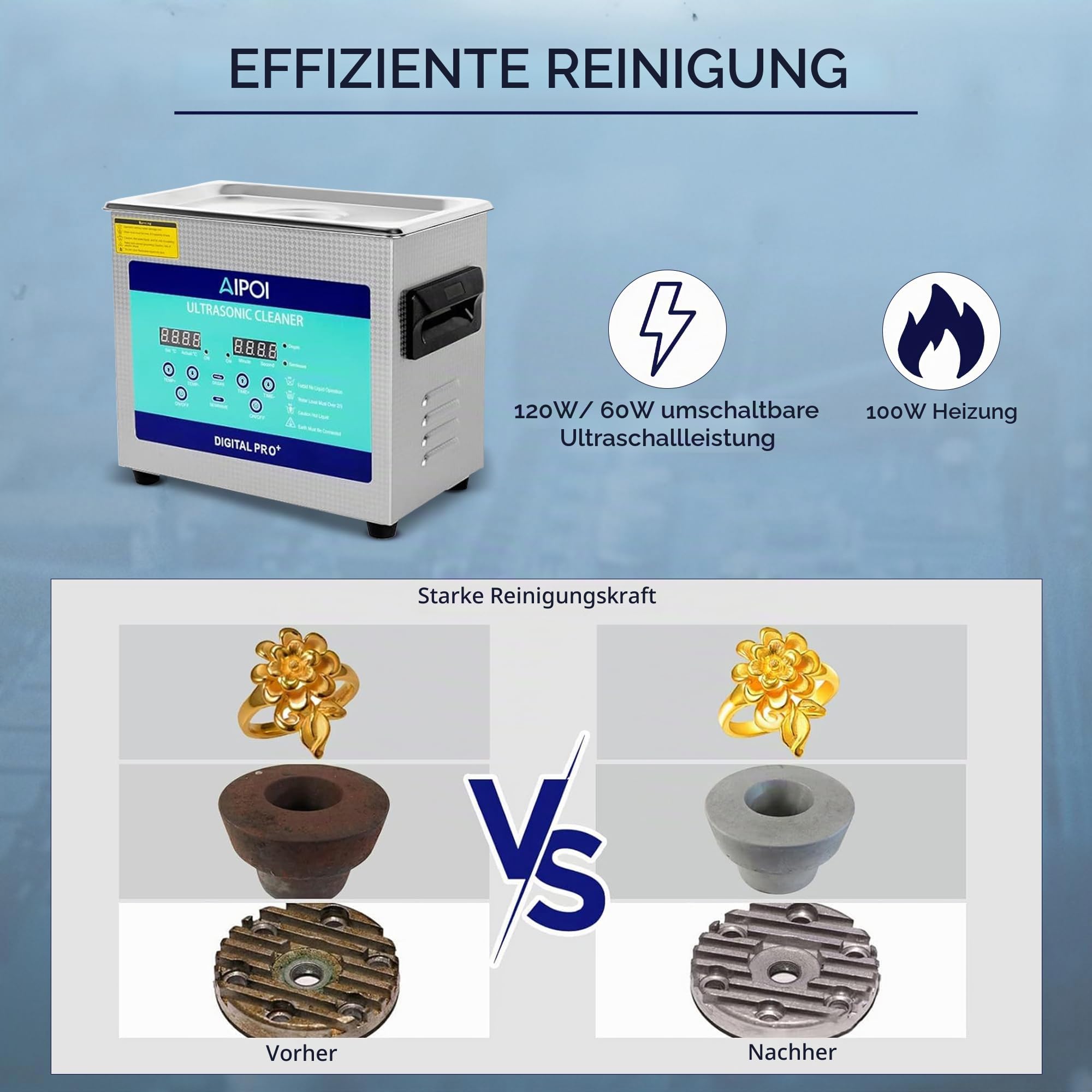 Ultraschallreinigungsgerät 3.2L Edelstahl Ultraschallreiniger mit Heizung, 120W Ultraschallbad zum Reinigen von Schmuck, Brillen, Uhrenketten, Dentalwerkzeugen, Metallteilen, Vergasern usw