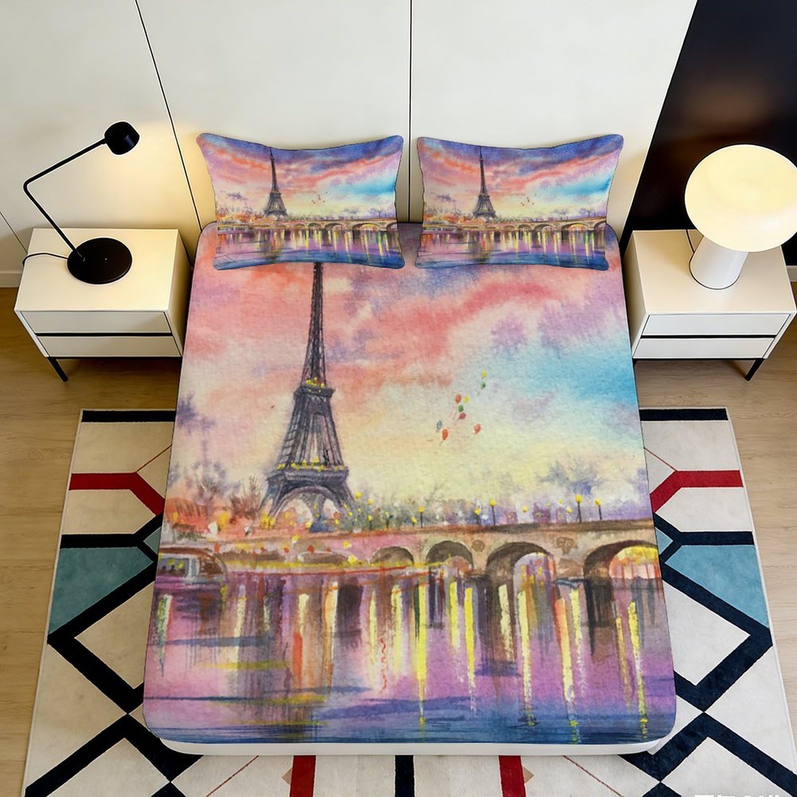 3D Printed Paris View Fitted Sheet Microfiber Deep Pocket Full Wrap Bedroom Bedding Paris Scene Mattress Fitted Cover 140x200x25cm