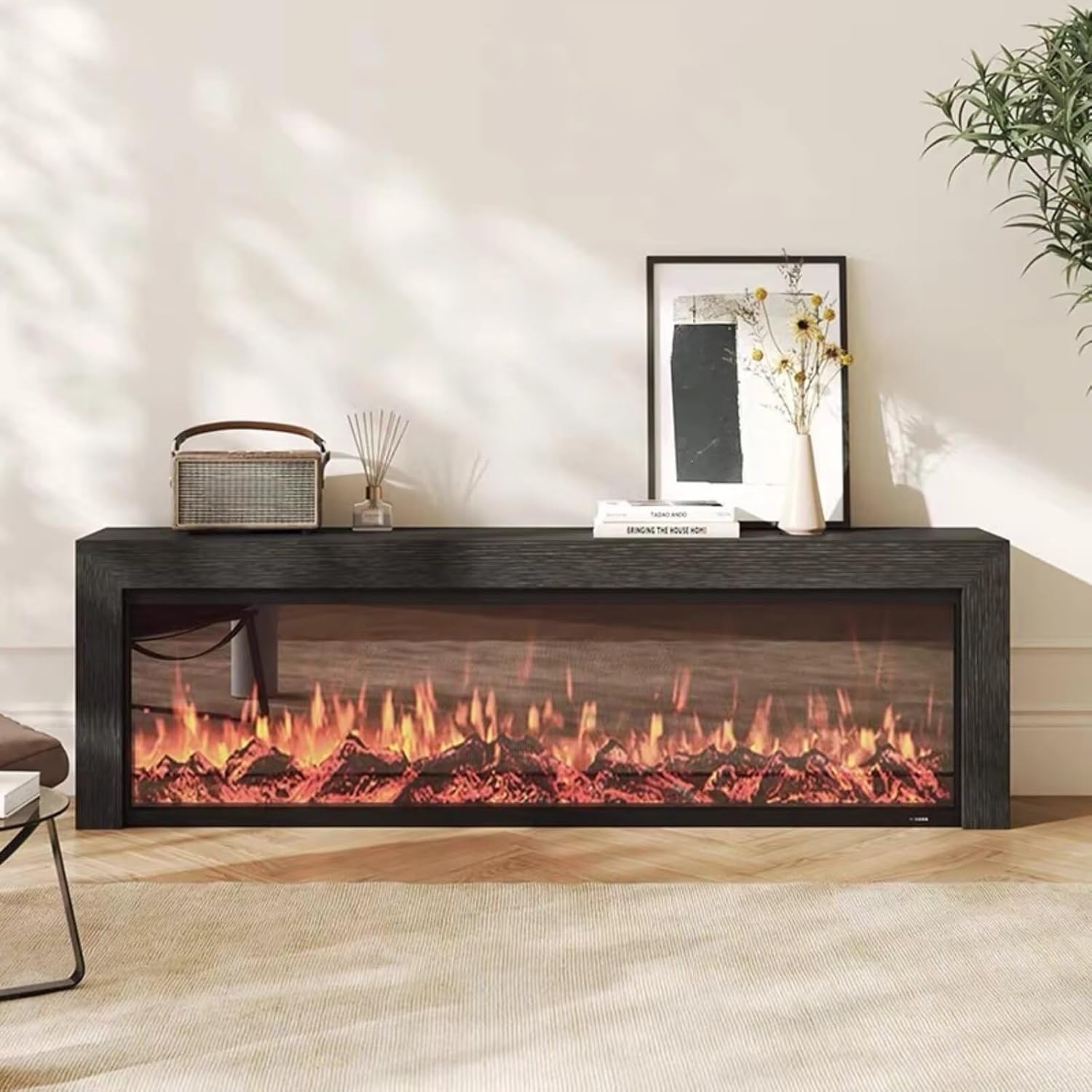 Electric Fireplace - Modern Electric Fireplace with Mantel Includes Wood Grain, TV Stand with Decorative Flame for Living Room, Black (79IN)