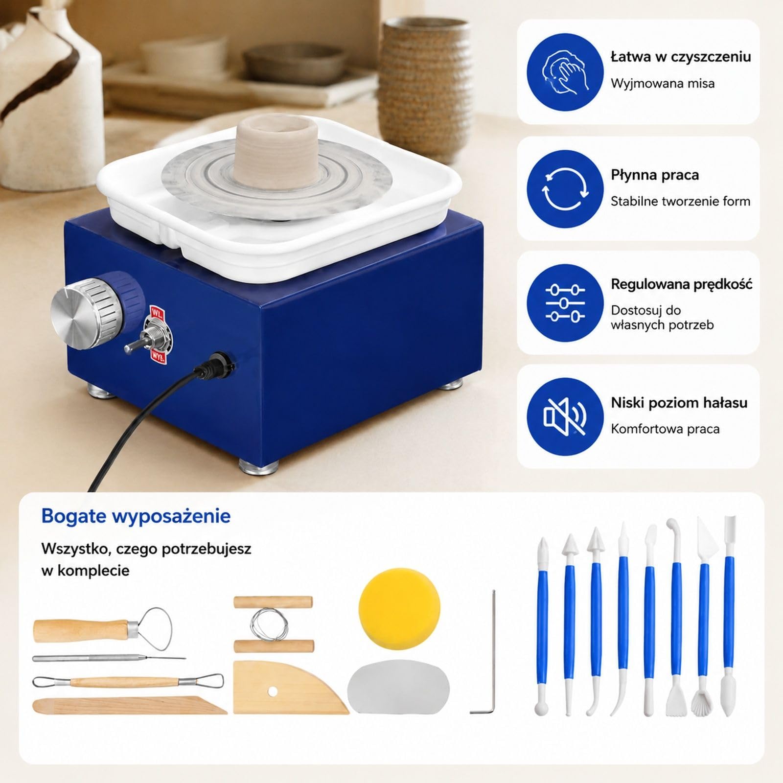 Niebieskie elektryczne koło garncarskie, 30 W 220 V, 0-300 obr/min, obciążenie gliny 1 kg, z fartuchem i zdejmowaną misą do ceramiki