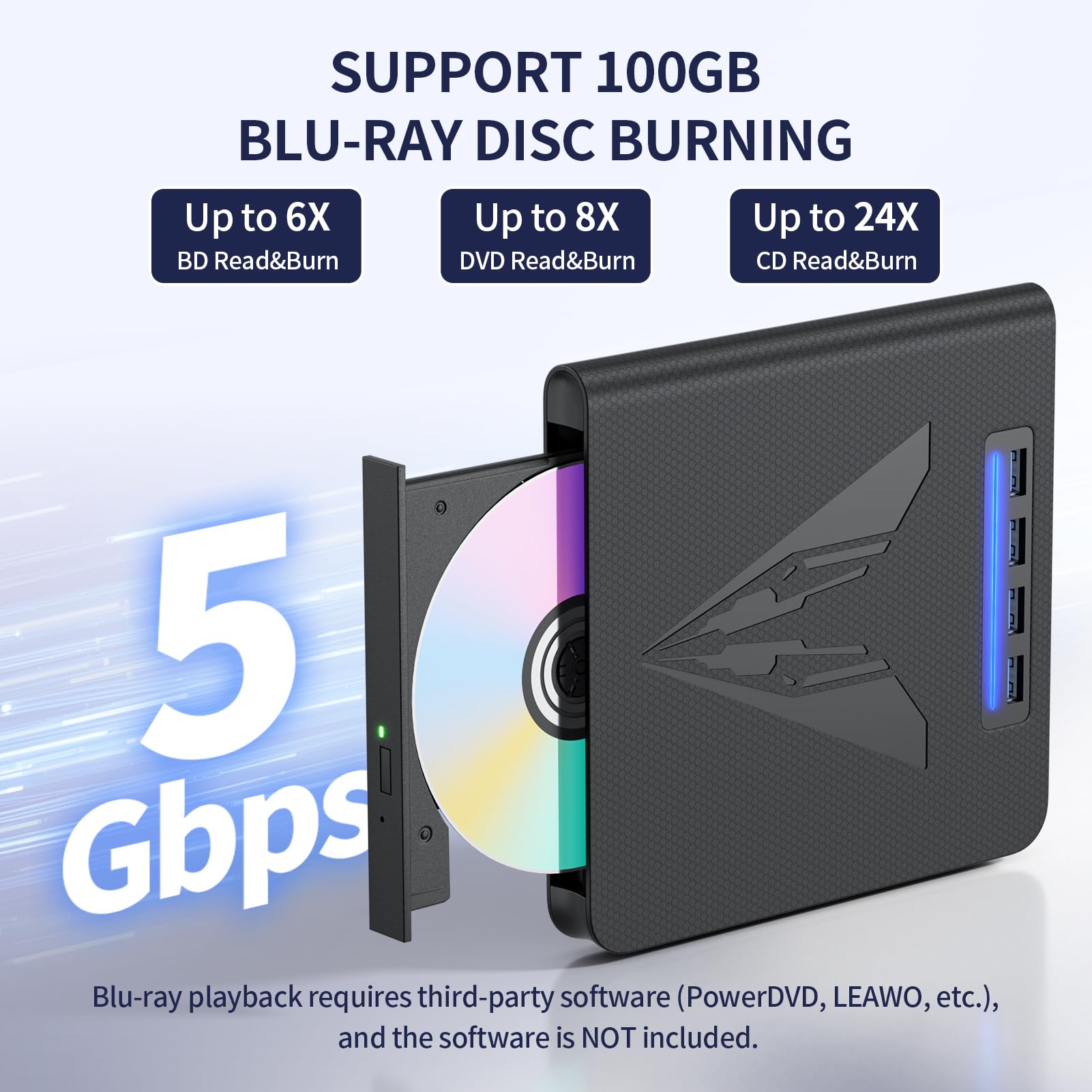 Unidad Blu Ray externa 7 en 1 y quemador para PC portátil, grabadora Blu Ray/DVD/CD portátil con soporte de disco de 100 GB, lector de tarjetas SD/TF y hub USB 3.0 para Windows MacOS Linux