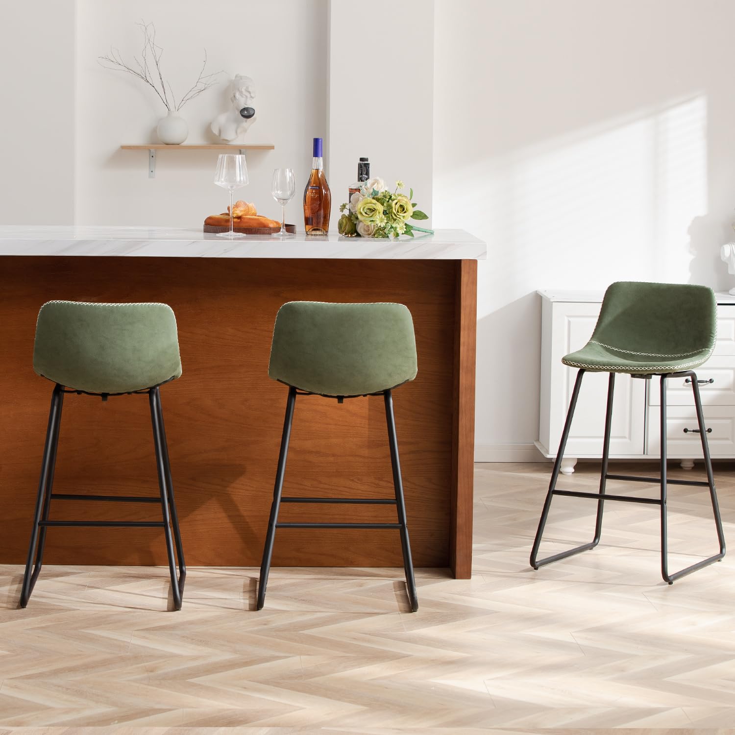 HeuGah Green Bar Stools Set of 2, 26 Inch Barstools with Metal Legs Faux Leather Counter Height Bar Stools for Kitchen Island Modern Bar Seats Chairs with Backrest