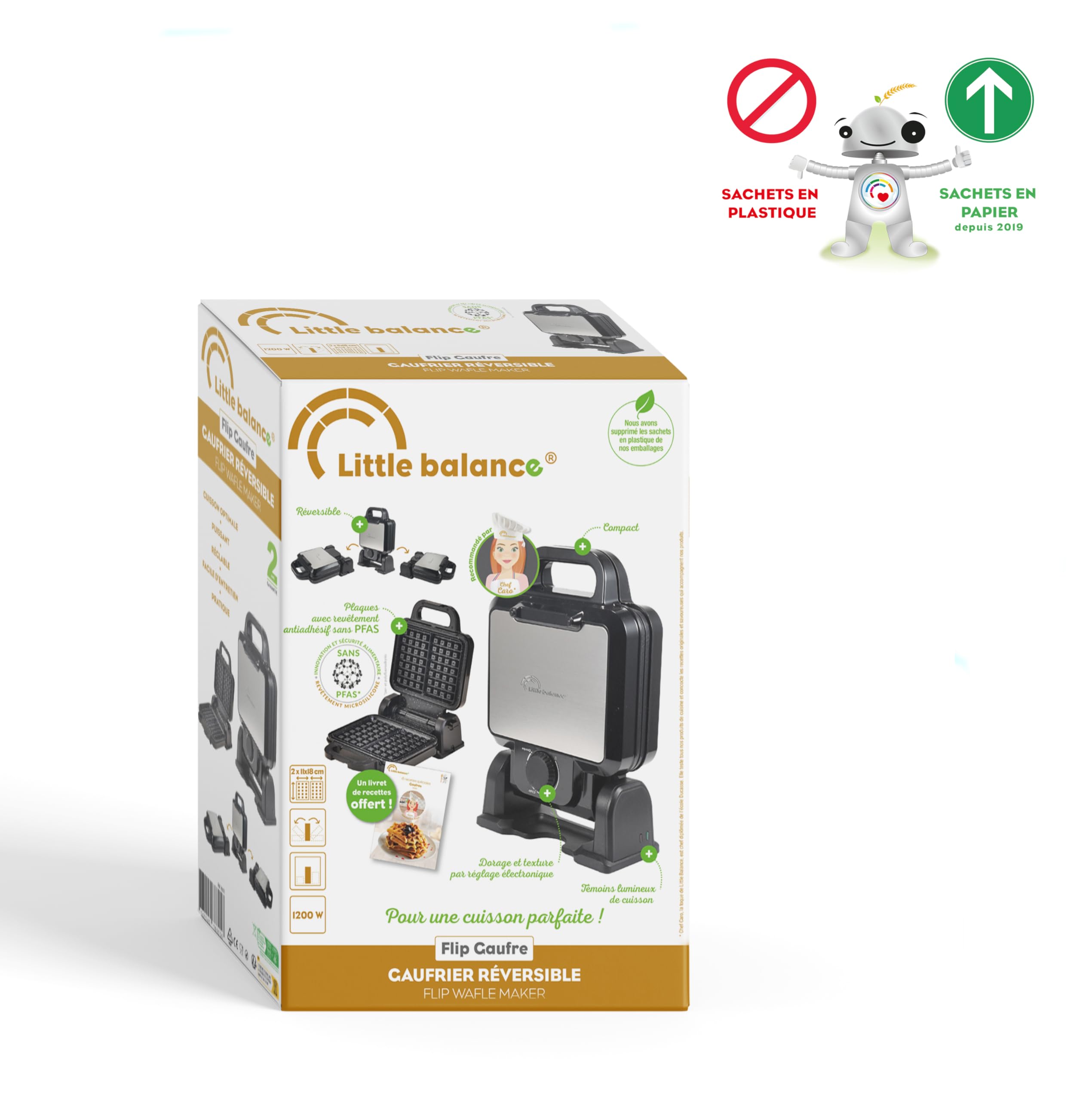 LITTLE BALANCE 8805 Flip Gaufres, Gaufrier électrique, Gaufrier Rotatif, Socle rotatif, Véritables gaufres belges, Sans PFAS, Antiadhésif, Voyant lumineux, 1200 W, Noir